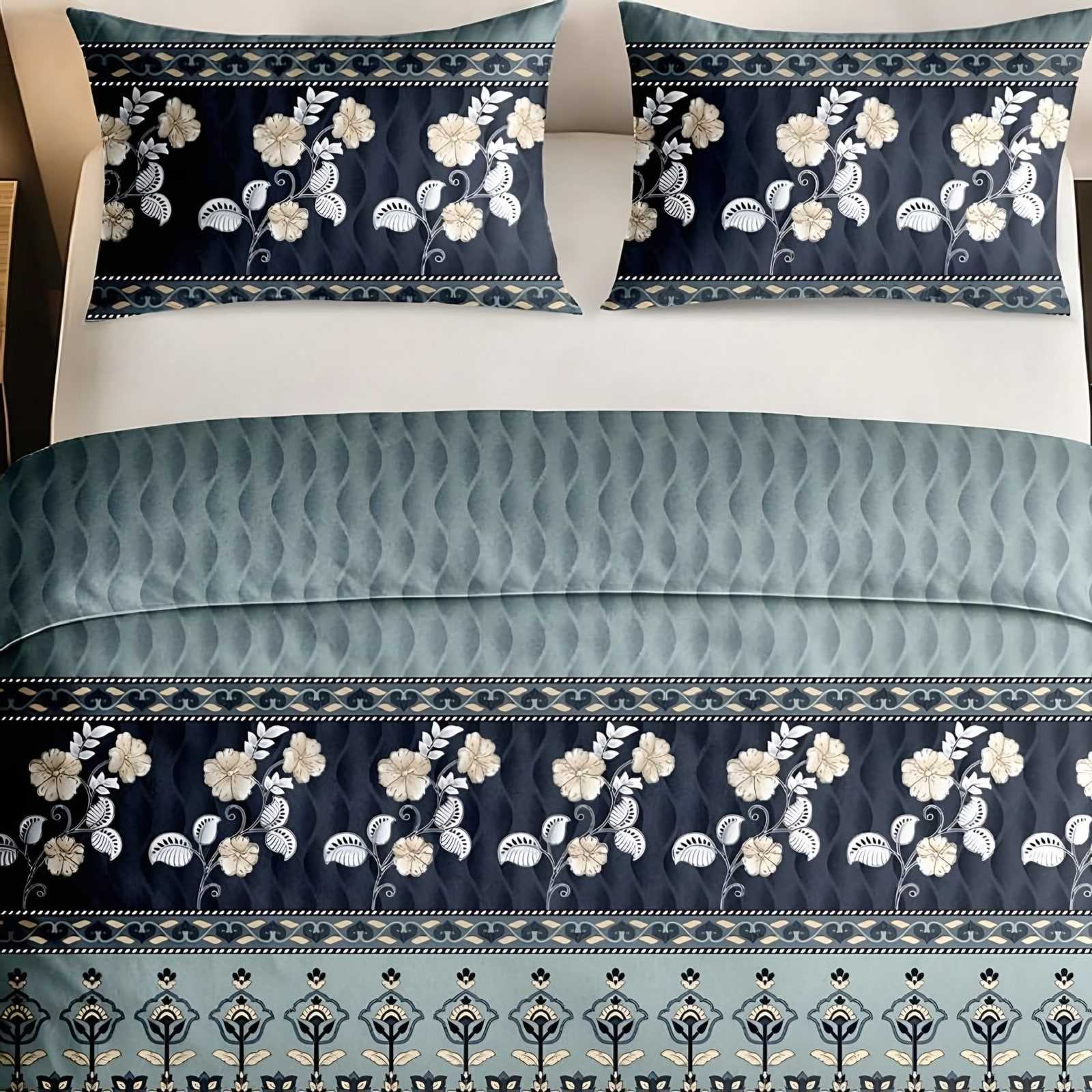 Italian Beauty Floral Band Cotton Bedsheet Set in Teal (IB-22) on a made bed