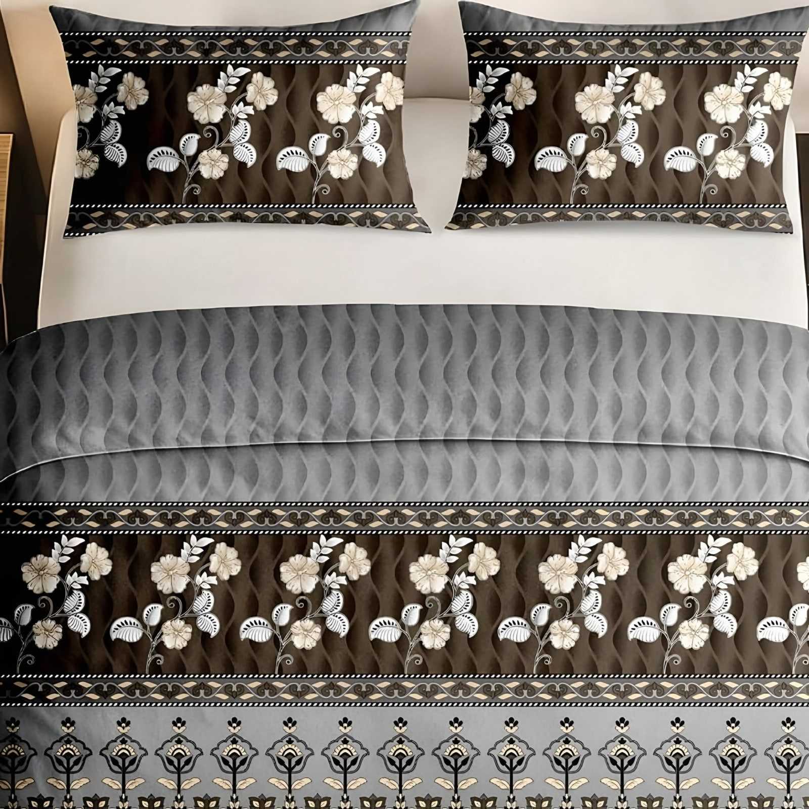 Italian Beauty Floral Band Cotton Bedsheet Set in Grey (IB-23) on a made bed
