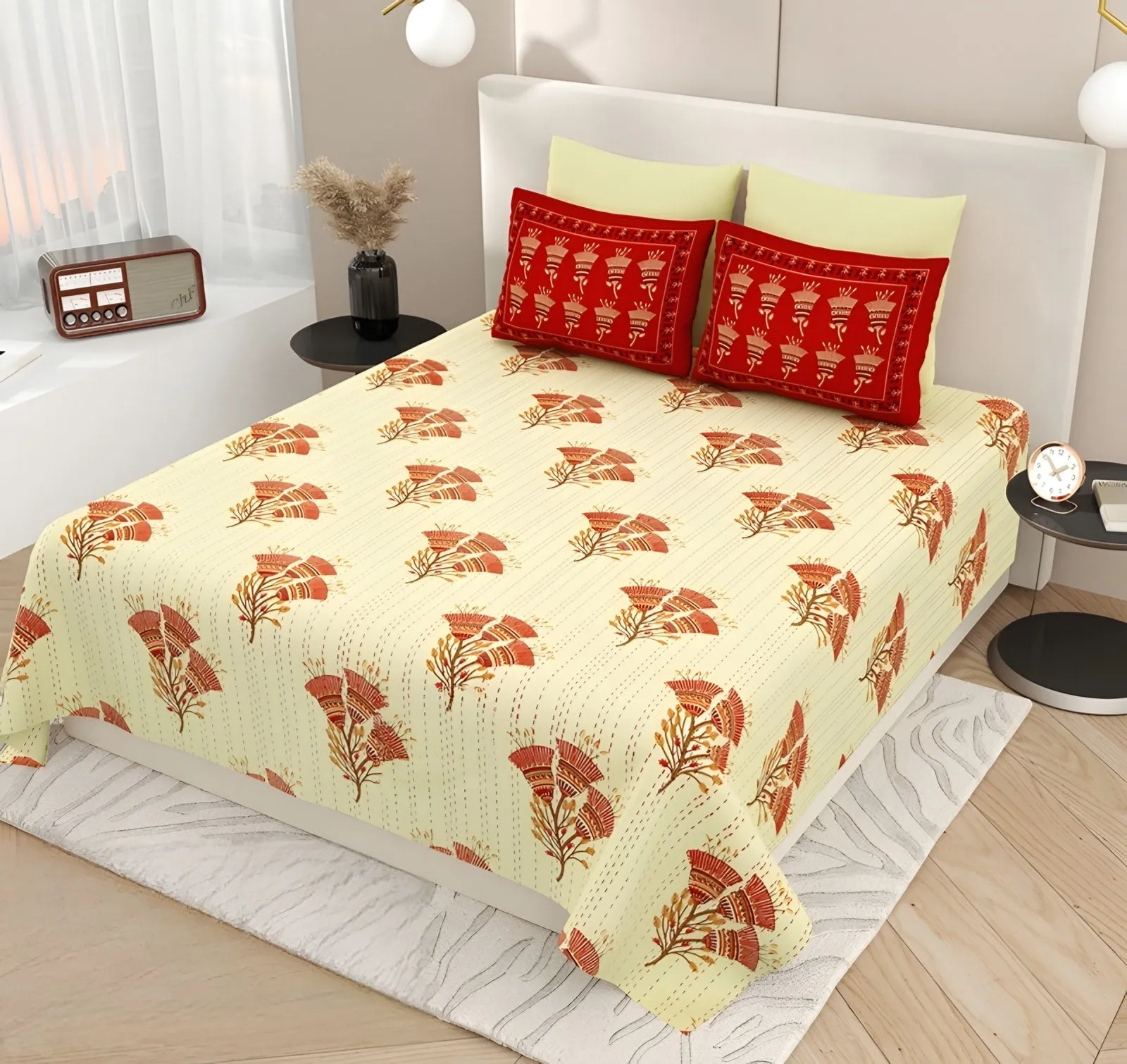 A bed made with the Kashida flower spray cotton set from the Pravaah Home collection