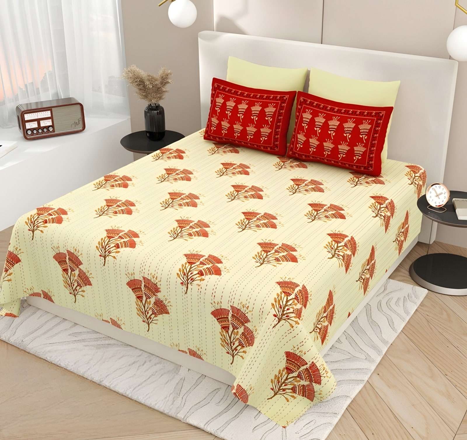 Kashida Flower Spray Cotton Bedsheet Set in Butter & red (KS-01) on a made bed