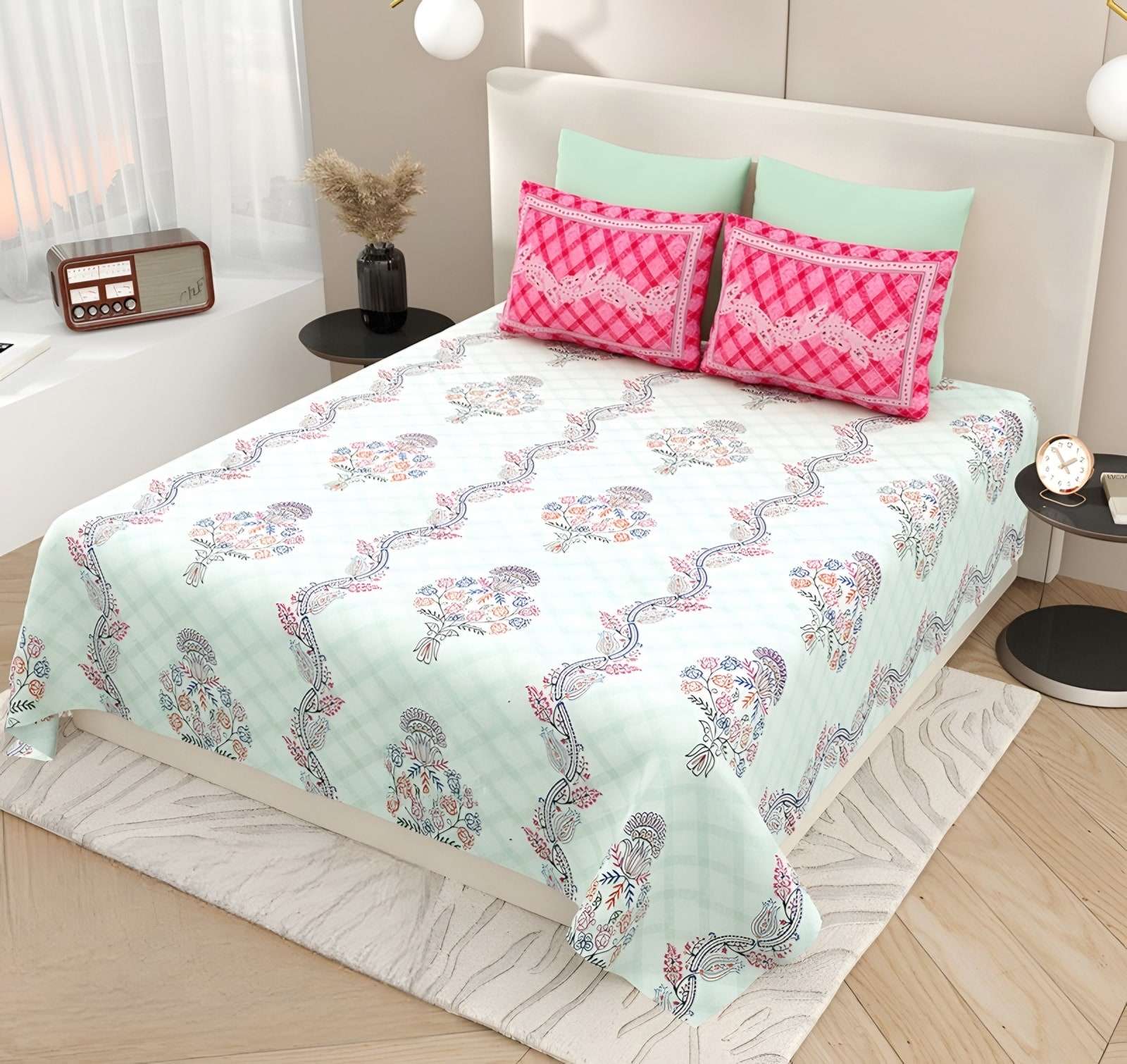 Kashida Floral Wave Cotton Bedsheet Set in Mint & pink (KS-03) on a made bed