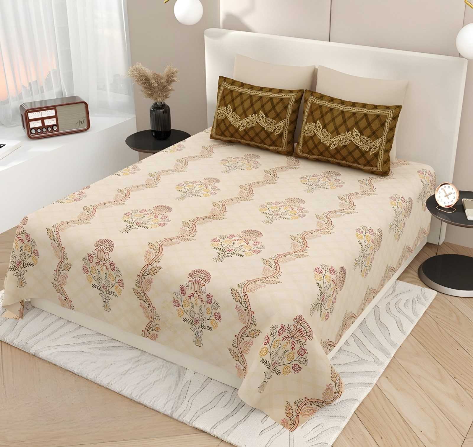 Kashida Floral Wave Cotton Bedsheet Set in Beige & brown (KS-04) on a made bed