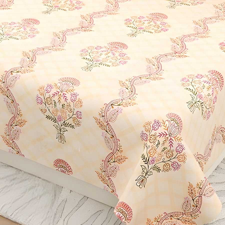 Close-up of the floral wave print in Peach & mustard (KS-05)