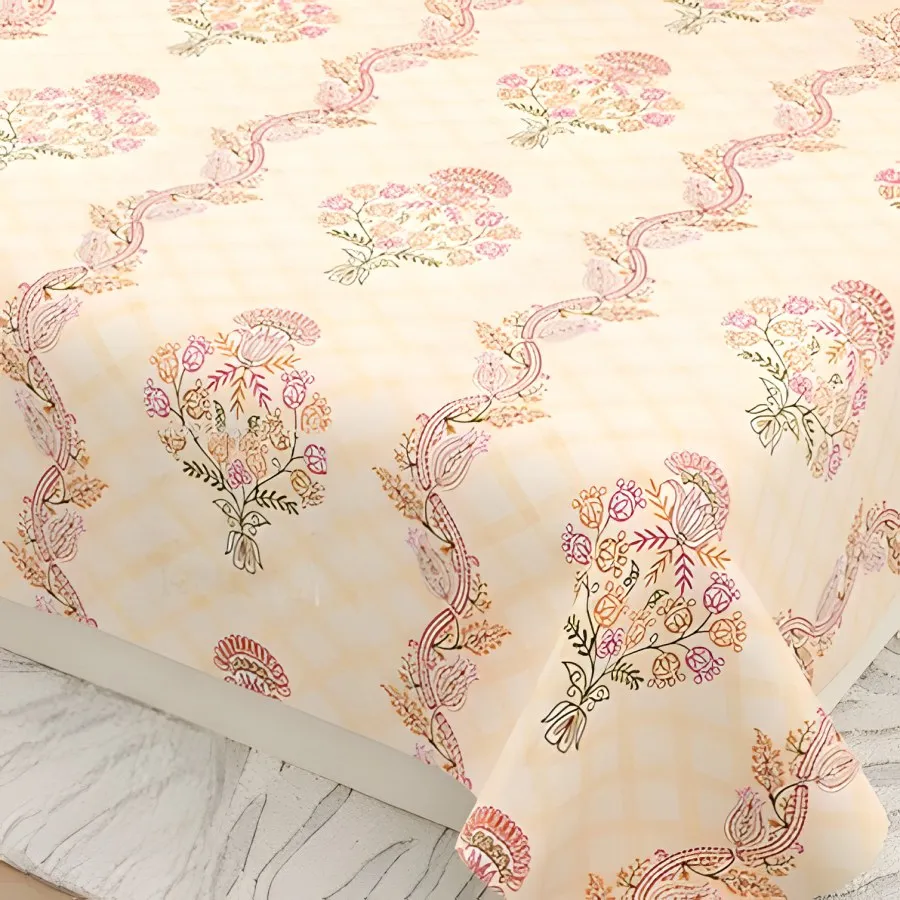 Close-up of the floral wave print in Peach & mustard (KS-05)