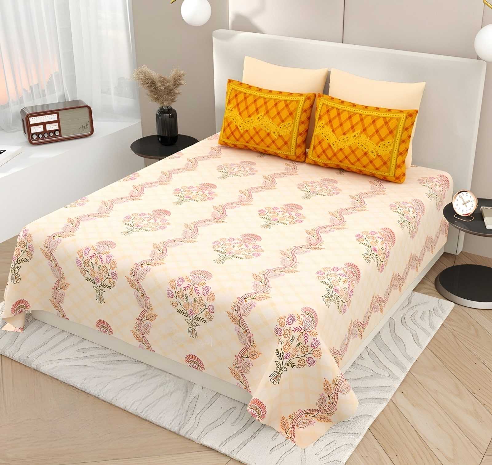 Kashida Floral Wave Cotton Bedsheet Set in Peach & mustard (KS-05) on a made bed