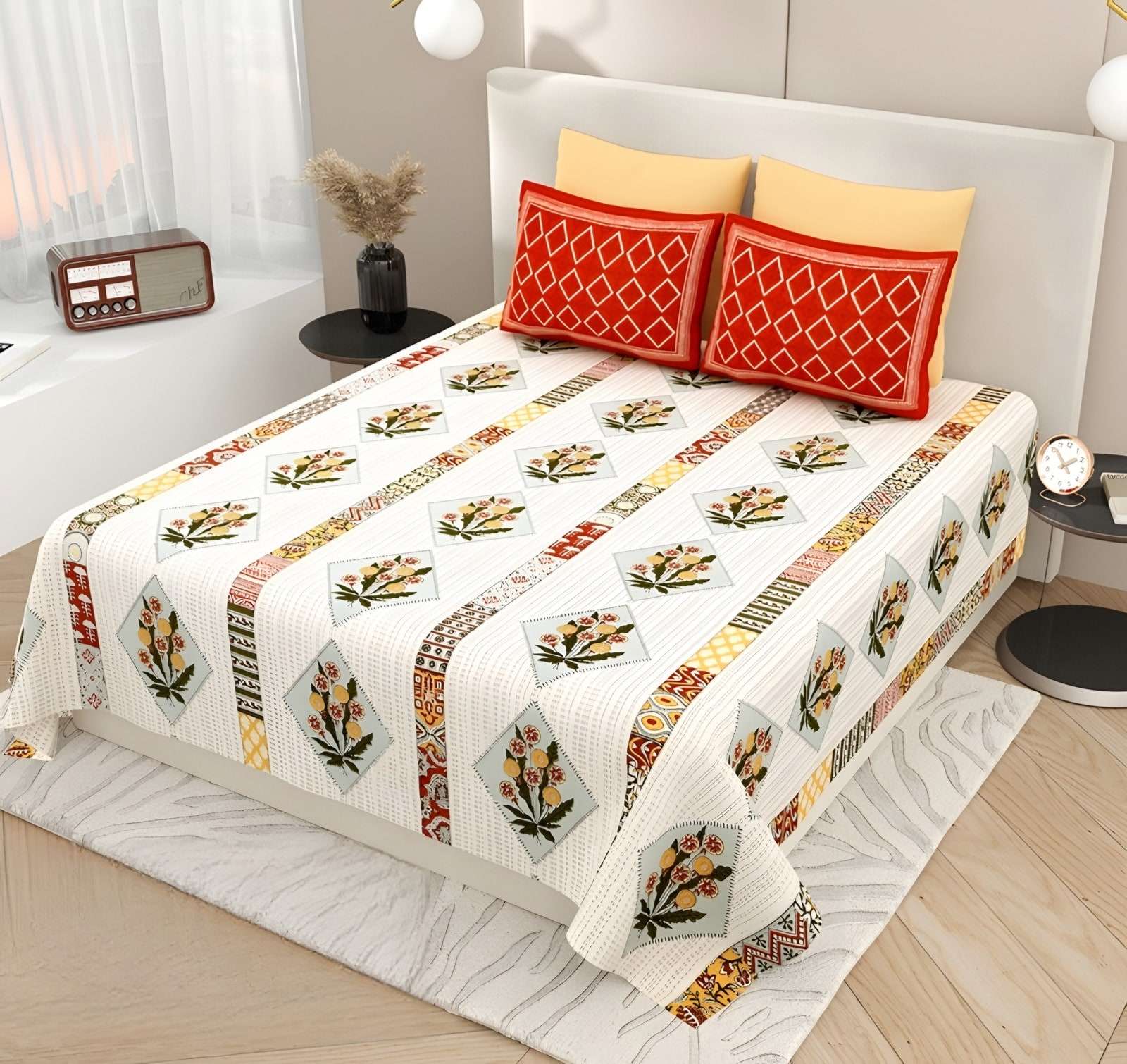 Kashida Buta Stripe Cotton Bedsheet Set in Ivory & red (KS-06) on a made bed