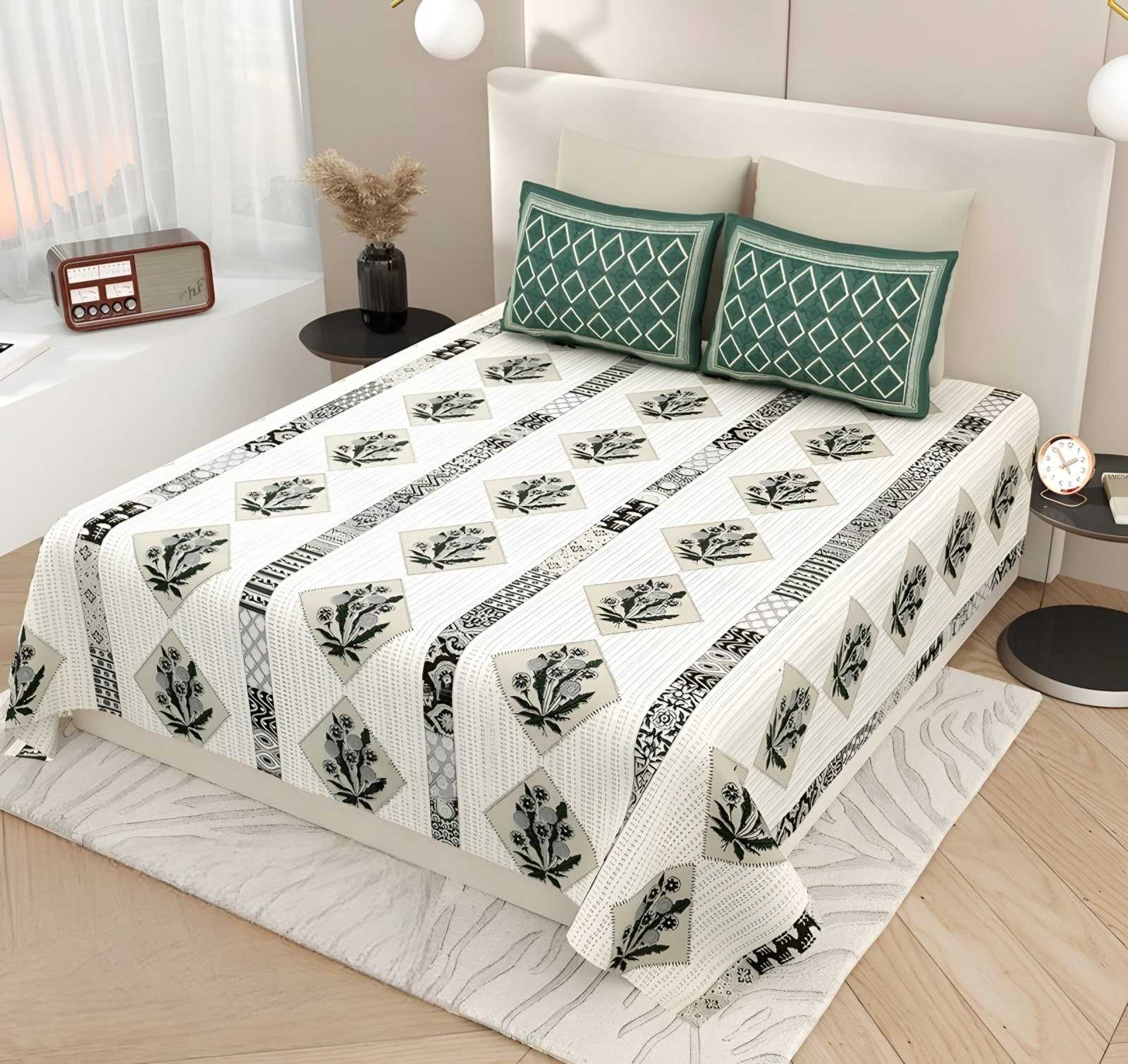 Kashida Buta Stripe Cotton Bedsheet Set in Ivory & green (KS-07) on a made bed