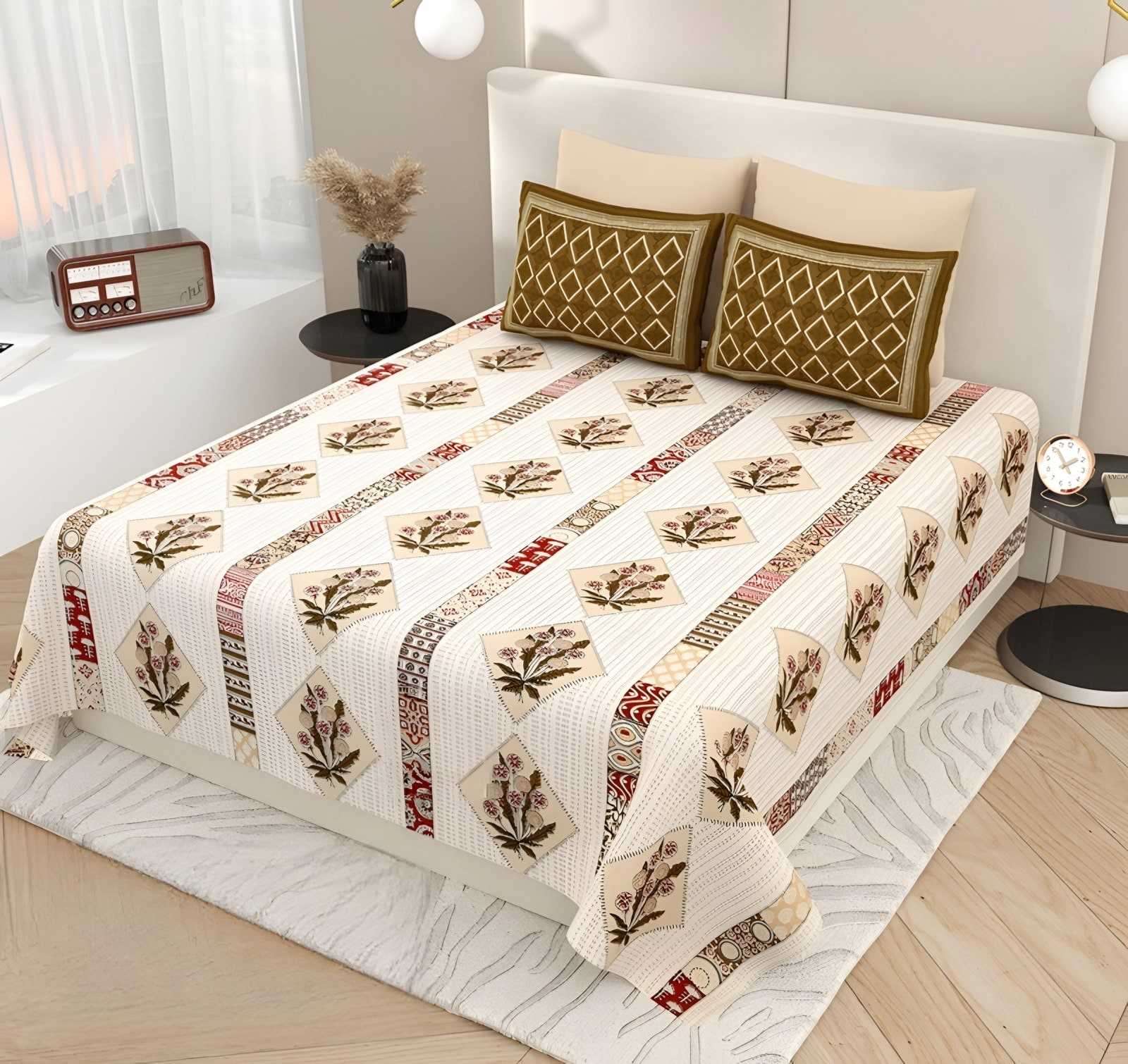 Kashida Buta Stripe Cotton Bedsheet Set in Ivory & olive (KS-08) on a made bed