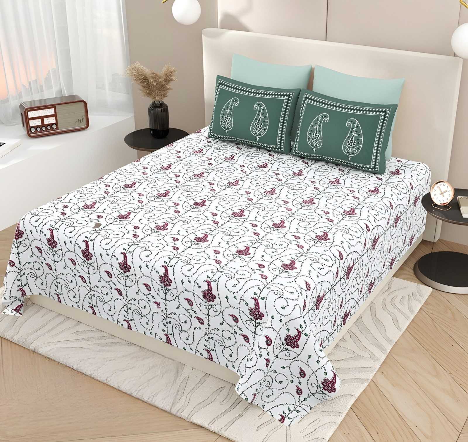 Kashida Mini Paisley Cotton Bedsheet Set in White & teal (KS-09) on a made bed