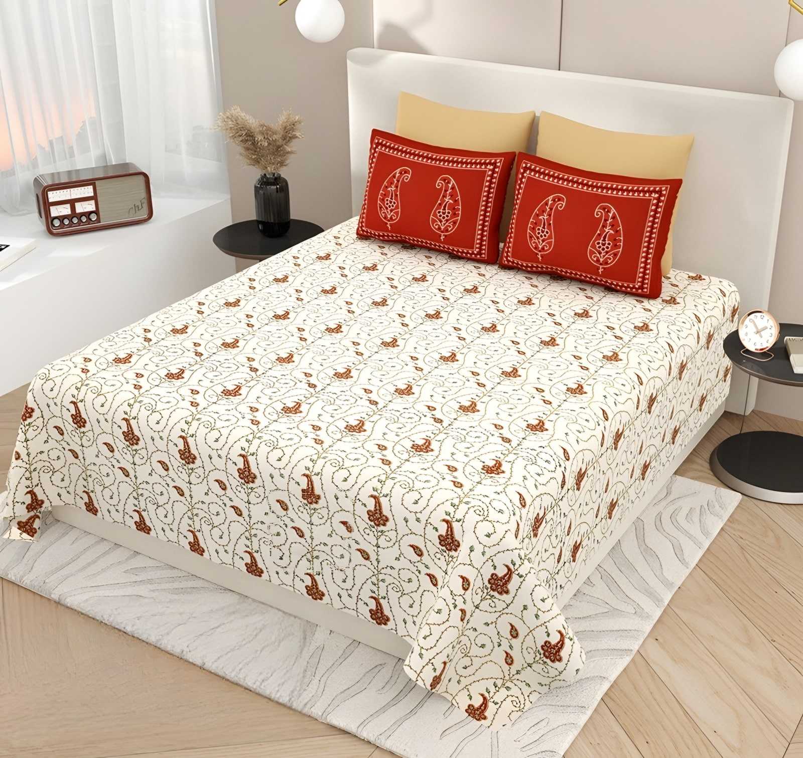 Kashida Mini Paisley Cotton Bedsheet Set in Ivory & red (KS-10) on a made bed