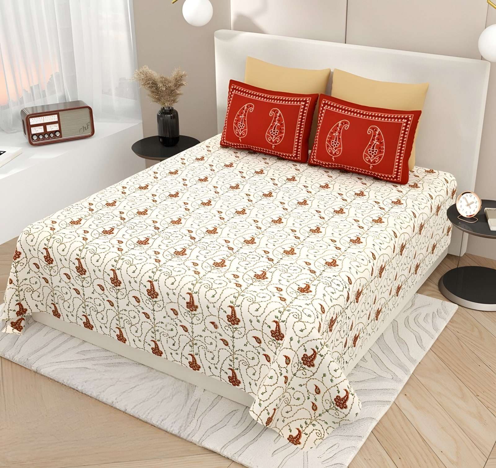 Kashida Mini Paisley Cotton Bedsheet Set in Ivory & red (KS-10) on a made bed