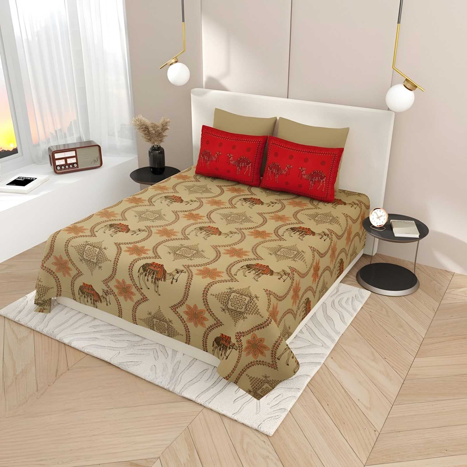Kashida Antique Jaal Cotton Bedsheet Set in Antique gold (KS-12) on a made bed