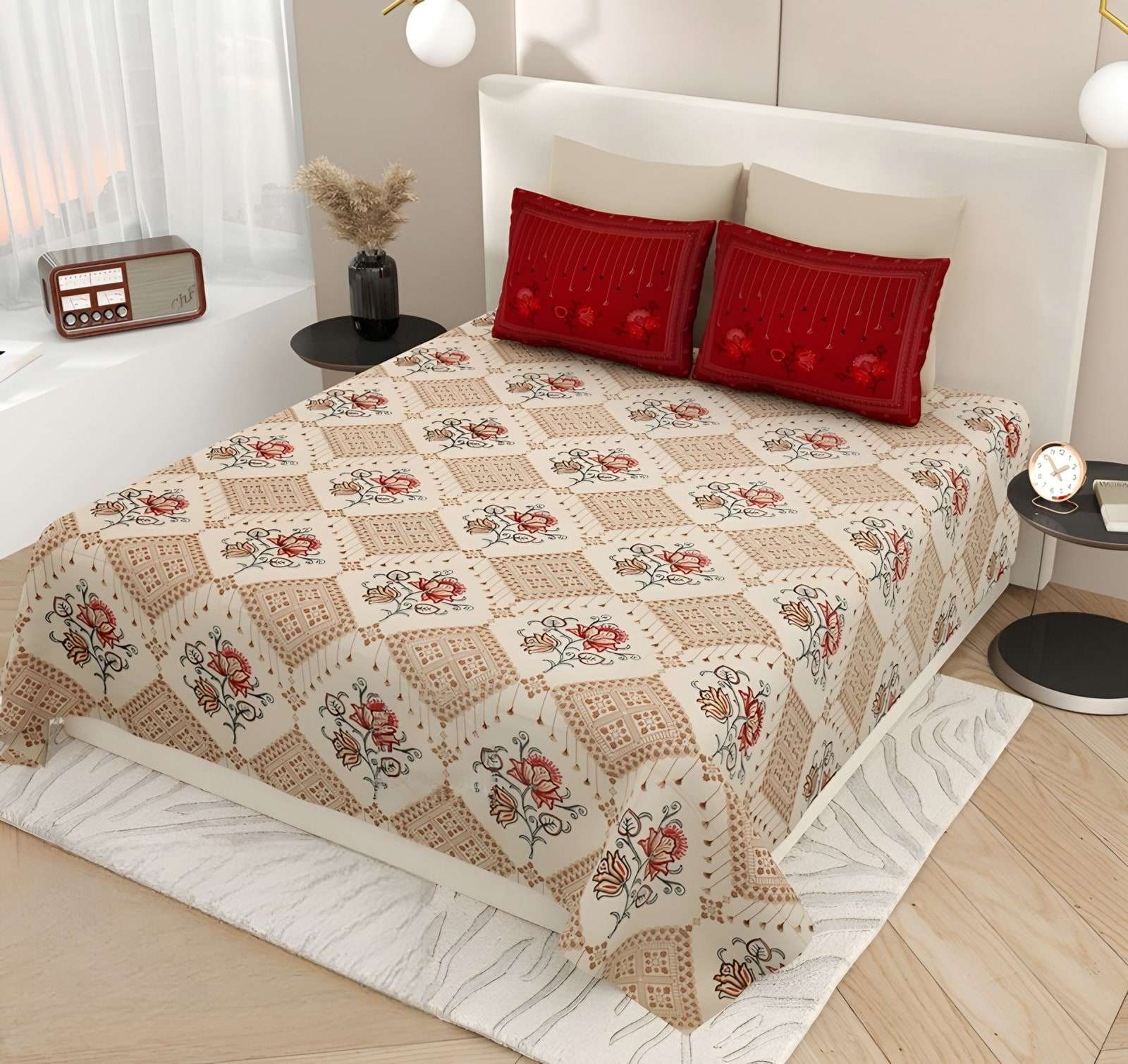 Kashida Diamond Lattice Cotton Bedsheet Set in Blush & red (KS-13) on a made bed