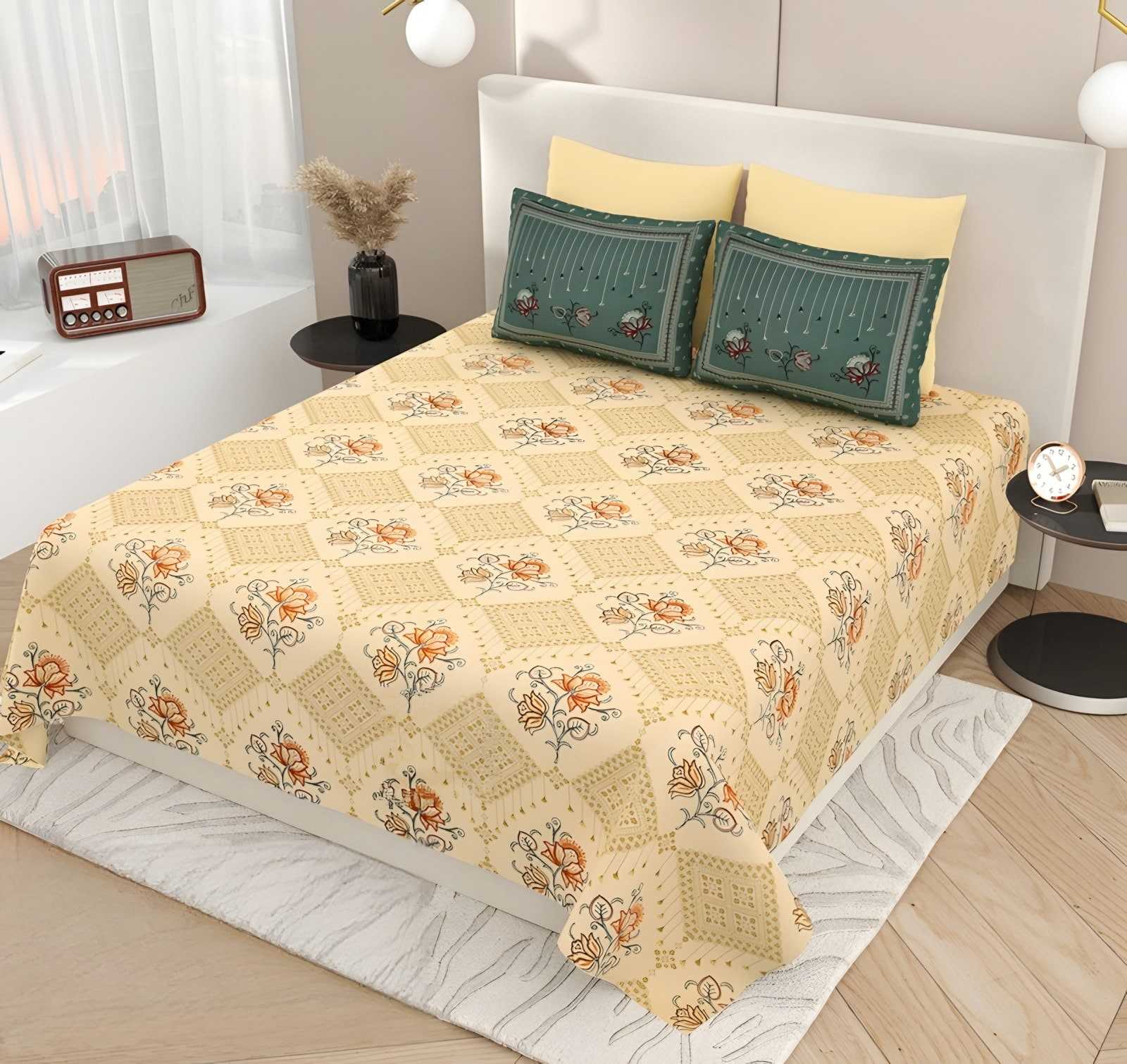 Kashida Diamond Lattice Cotton Bedsheet Set in Butter & teal (KS-14) on a made bed