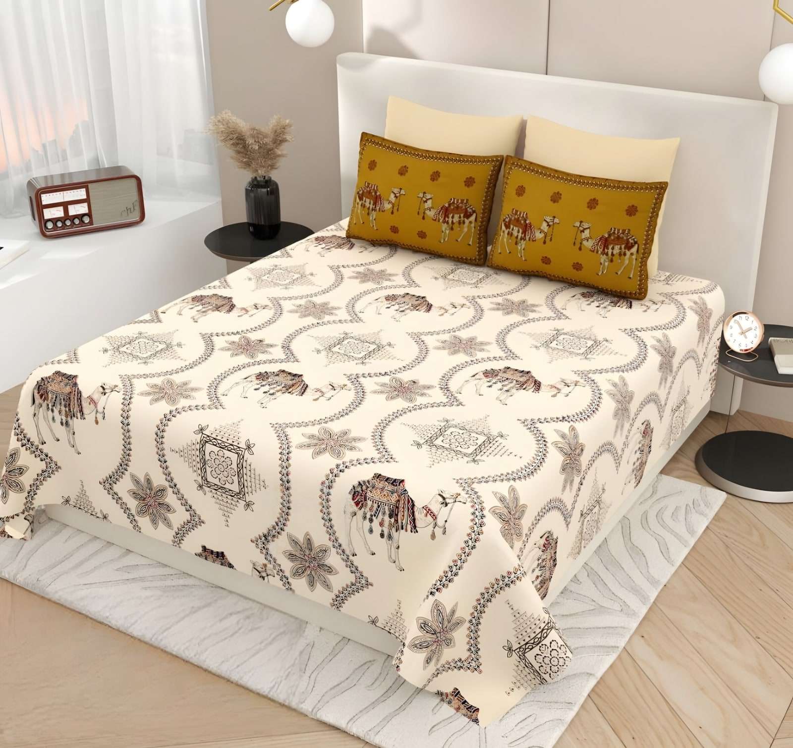 Kashida Elephant Medallion Cotton Bedsheet Set in Ivory & mustard (KS-19) on a made bed
