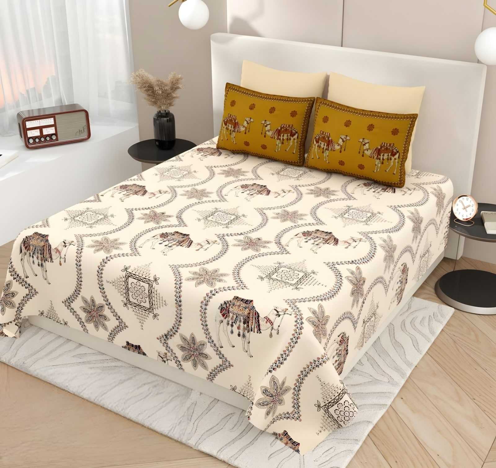Kashida Elephant Medallion Cotton Bedsheet Set in Ivory & mustard (KS-19) on a made bed