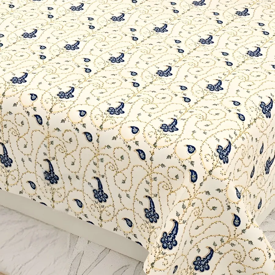 Close-up of the bird buti print in Ivory & blue (KS-20)