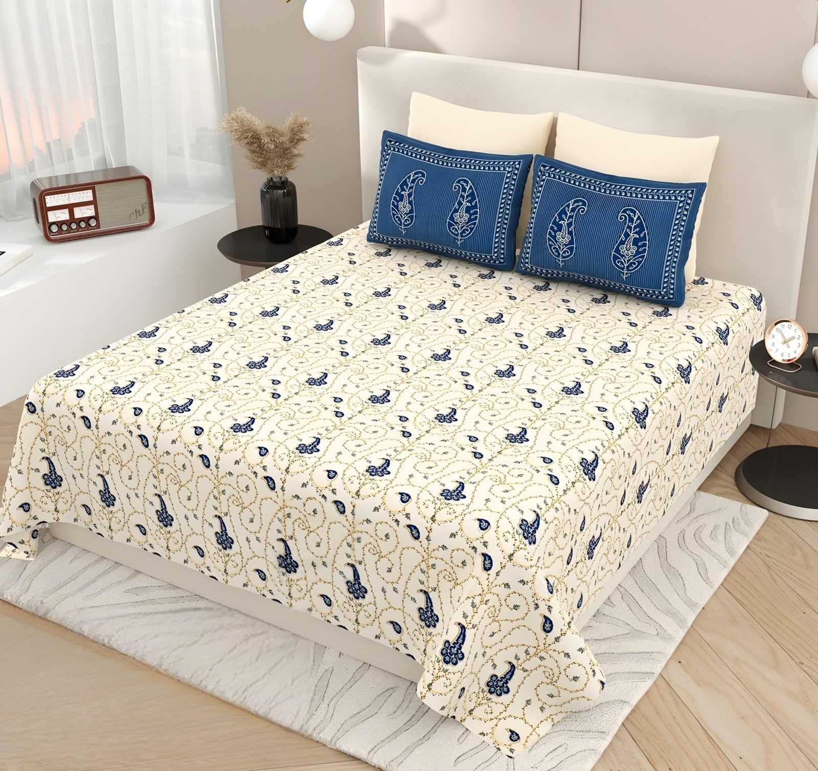 Kashida Bird Buti Cotton Bedsheet Set in Ivory & blue (KS-20) on a made bed