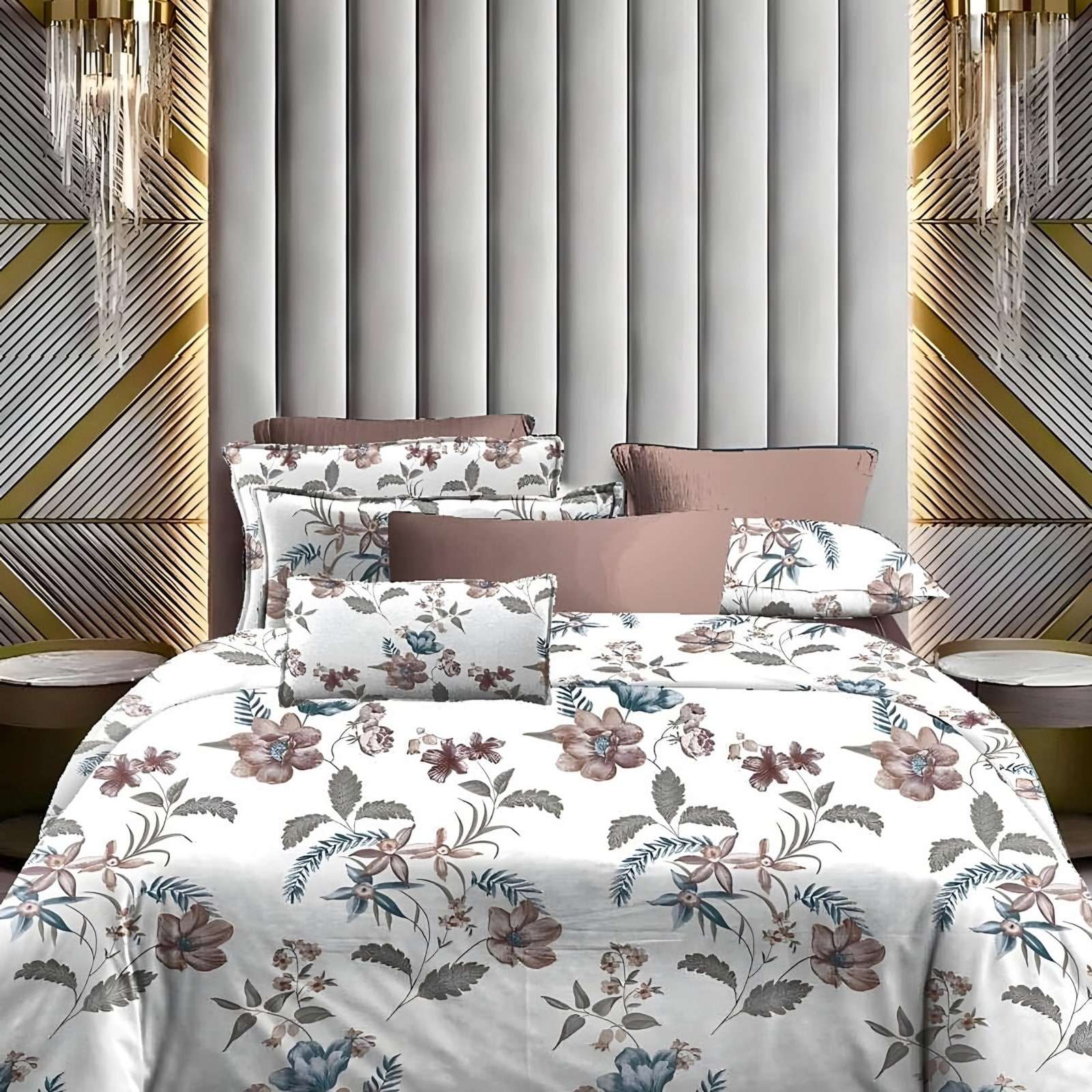 Lotus Watercolour Garden Glace Cotton Bedsheet Set in Pink & blue (LT-01) on a made bed
