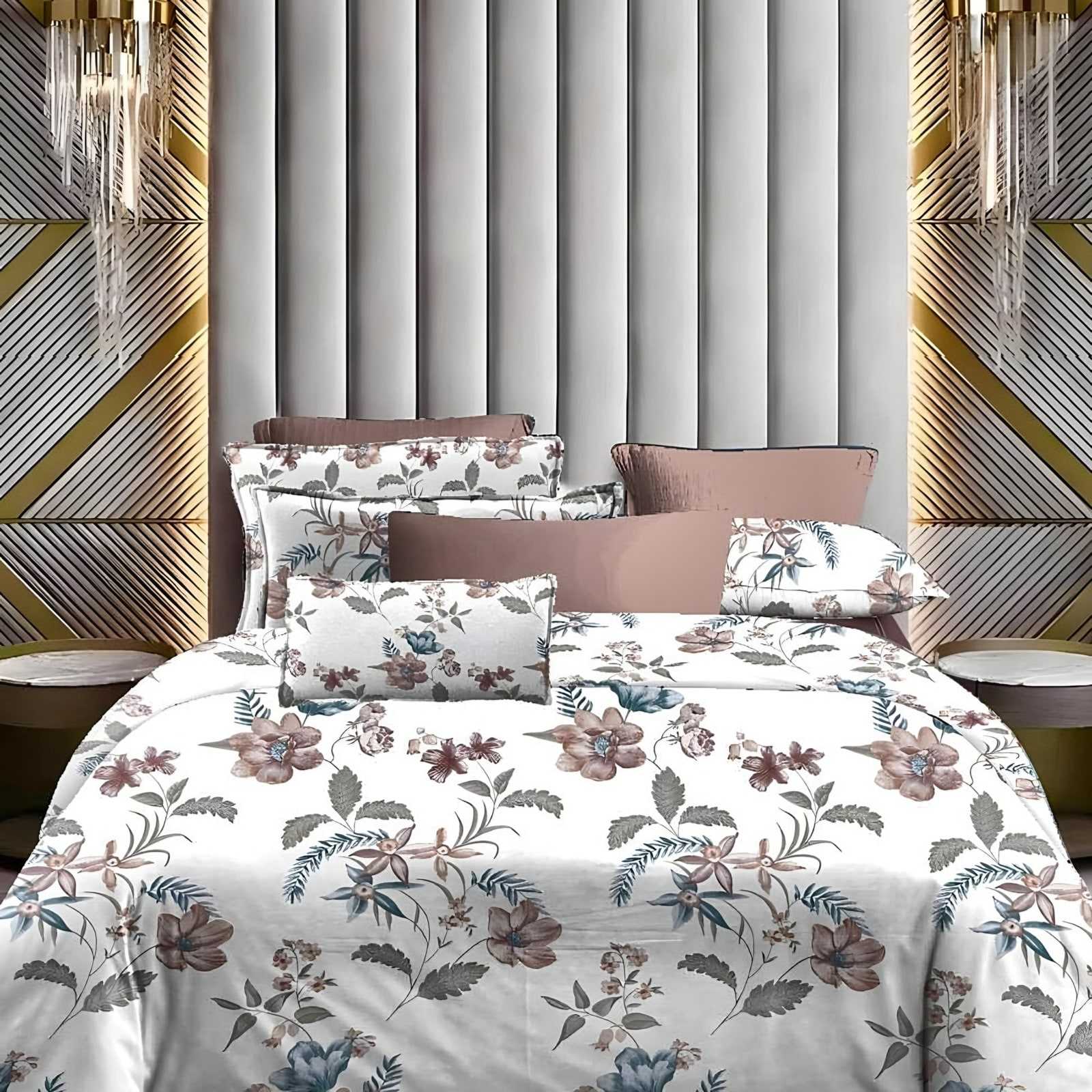 Lotus Watercolour Garden Glace Cotton Bedsheet Set in Pink & blue (LT-01) on a made bed