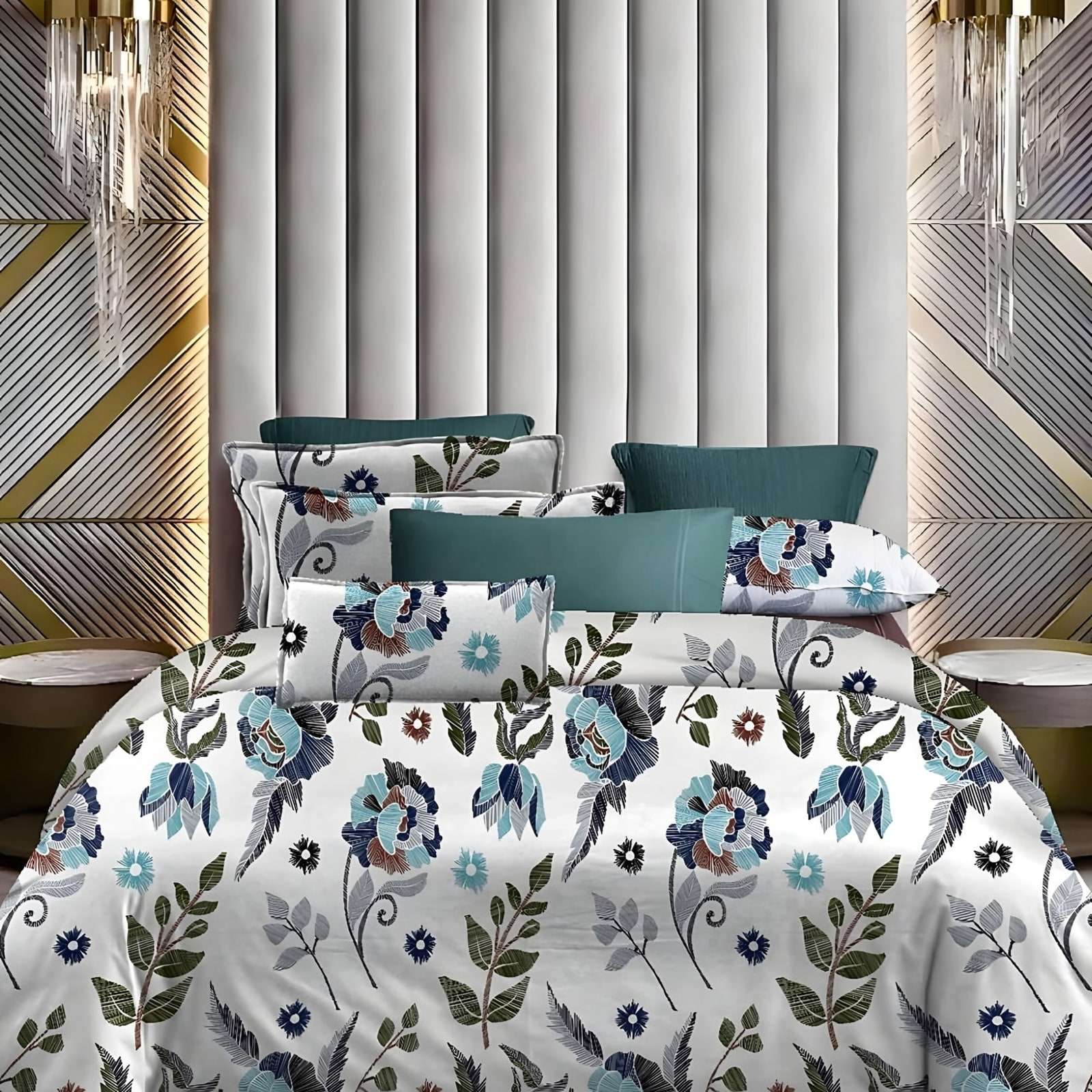 Lotus Blue Bloom Glace Cotton Bedsheet Set in Blue & green (LT-03) on a made bed
