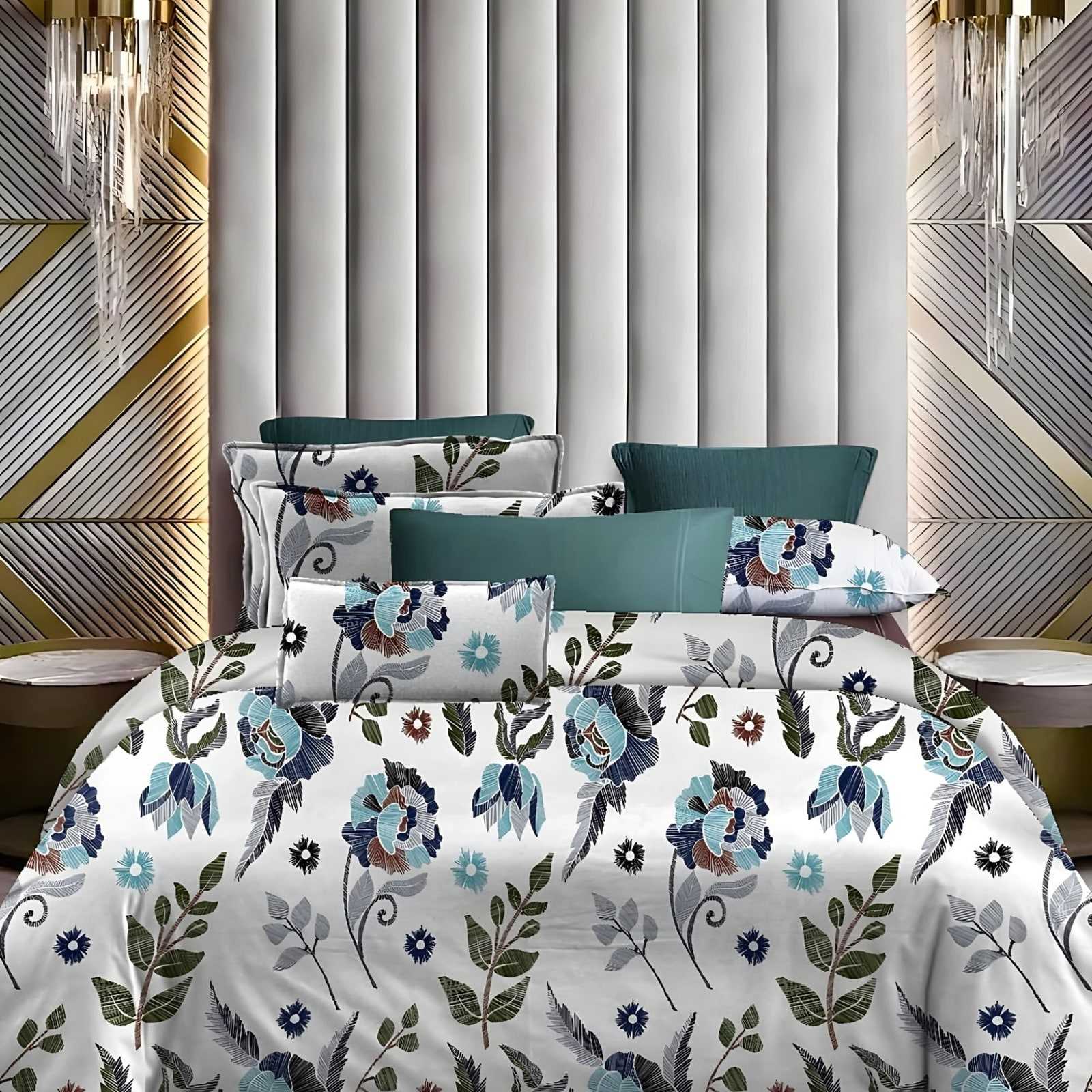 Lotus Blue Bloom Glace Cotton Bedsheet Set in Blue & green (LT-03) on a made bed