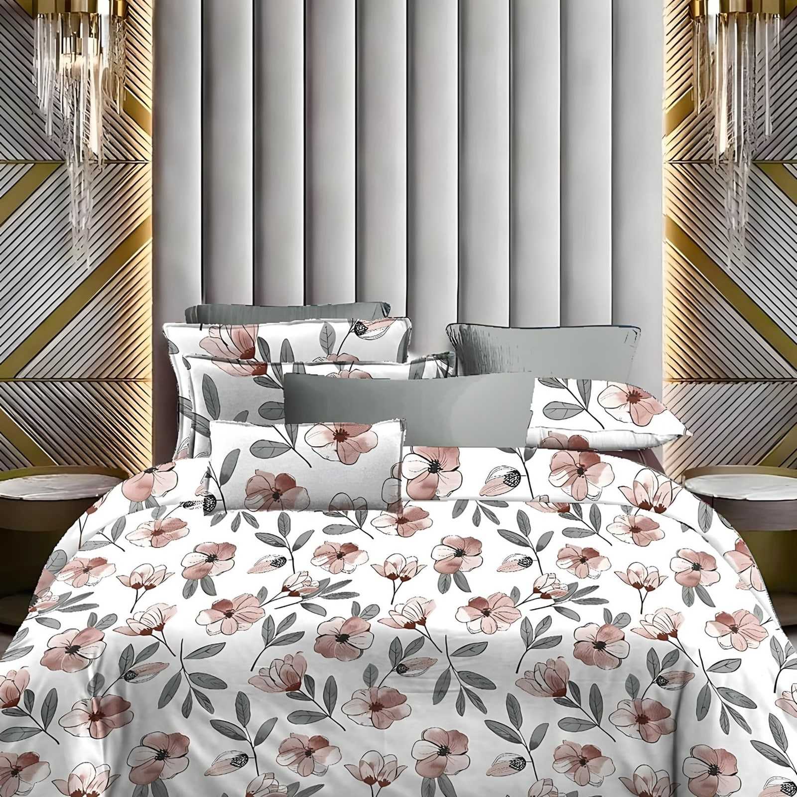 Lotus Peach Blossom Glace Cotton Bedsheet Set in Peach (LT-09) on a made bed