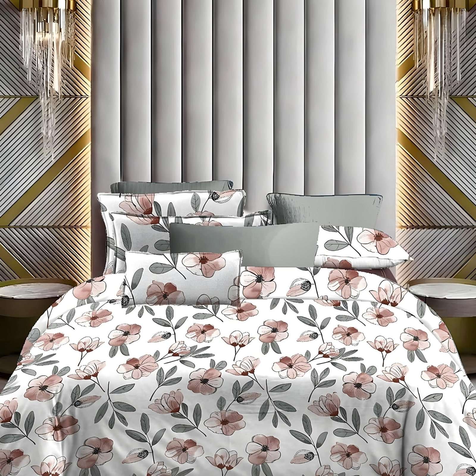 Lotus Peach Blossom Glace Cotton Bedsheet Set in Peach (LT-09) on a made bed