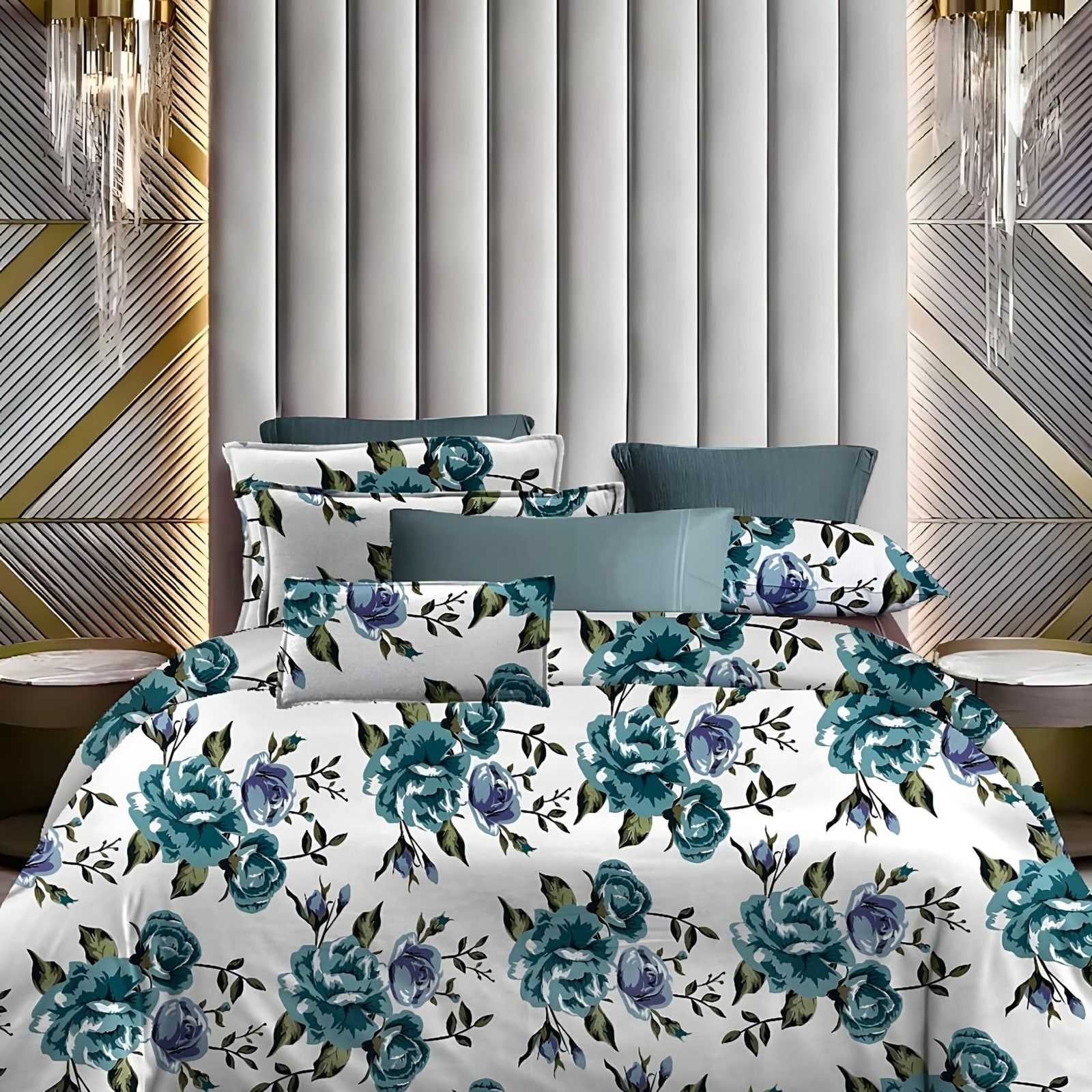 A bed made with the Lotus teal rose glace cotton set