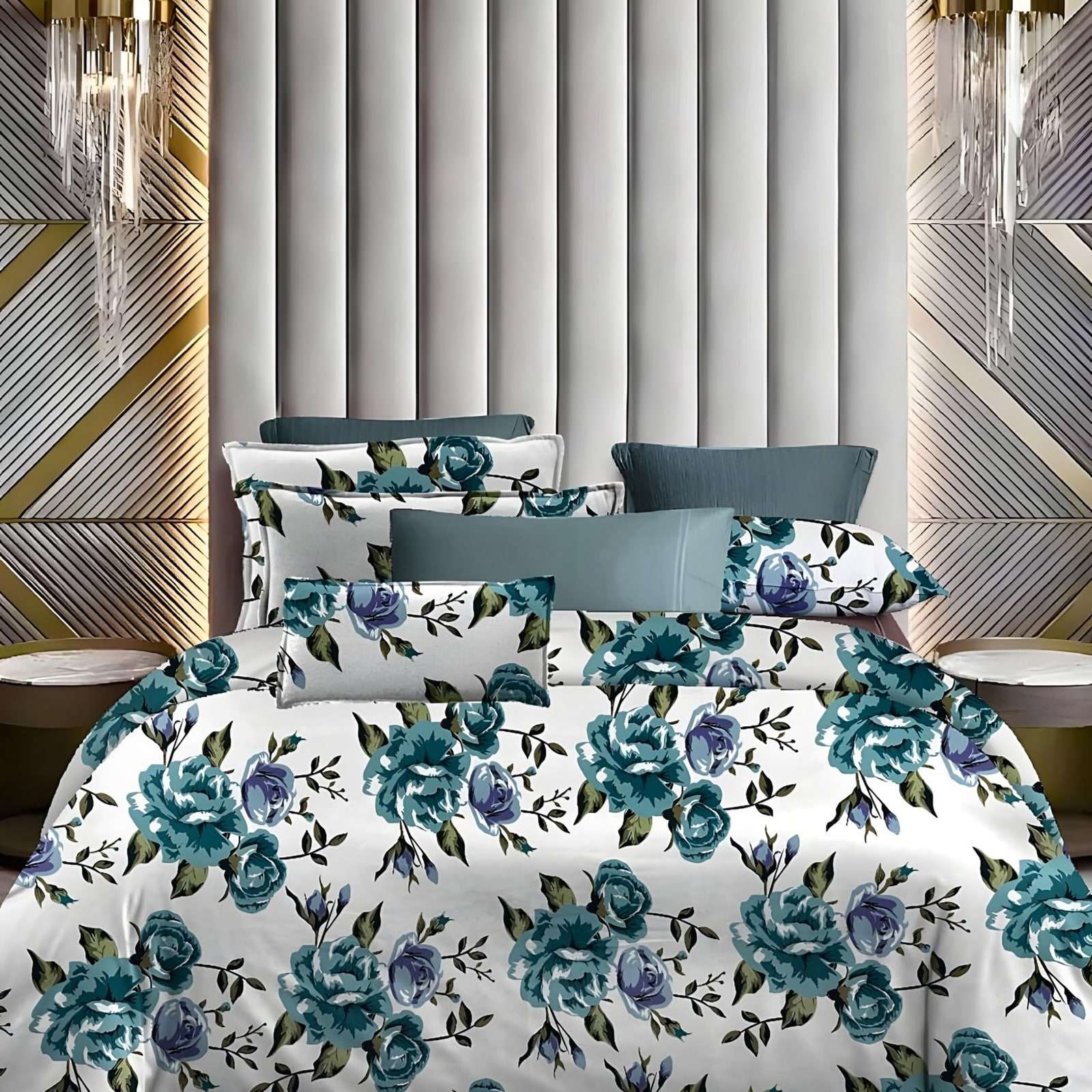 Lotus Teal Rose Glace Cotton Bedsheet Set in Teal (LT-12) on a made bed