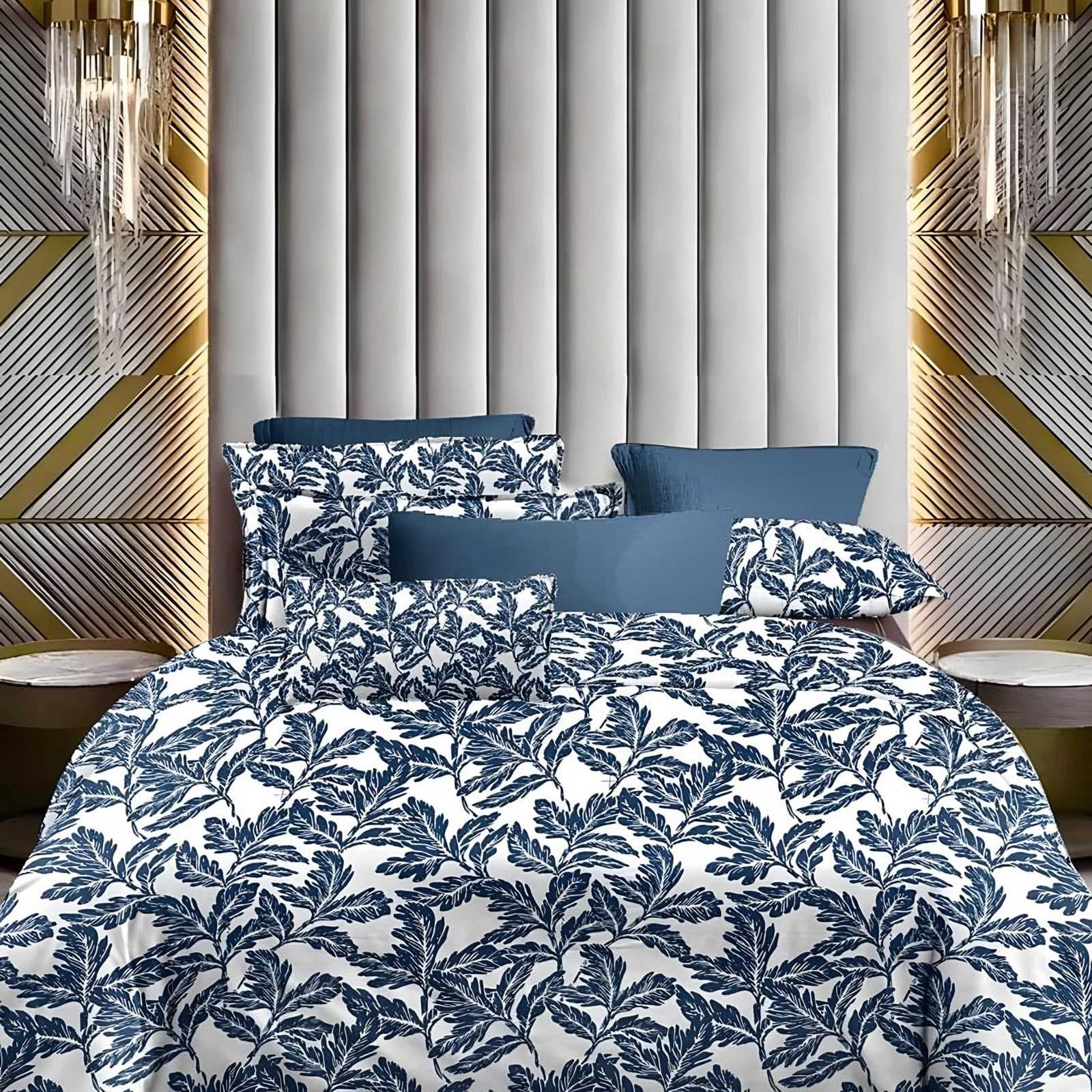 Lotus Indigo Leaf Glace Cotton Bedsheet Set in Indigo (LT-15) on a made bed