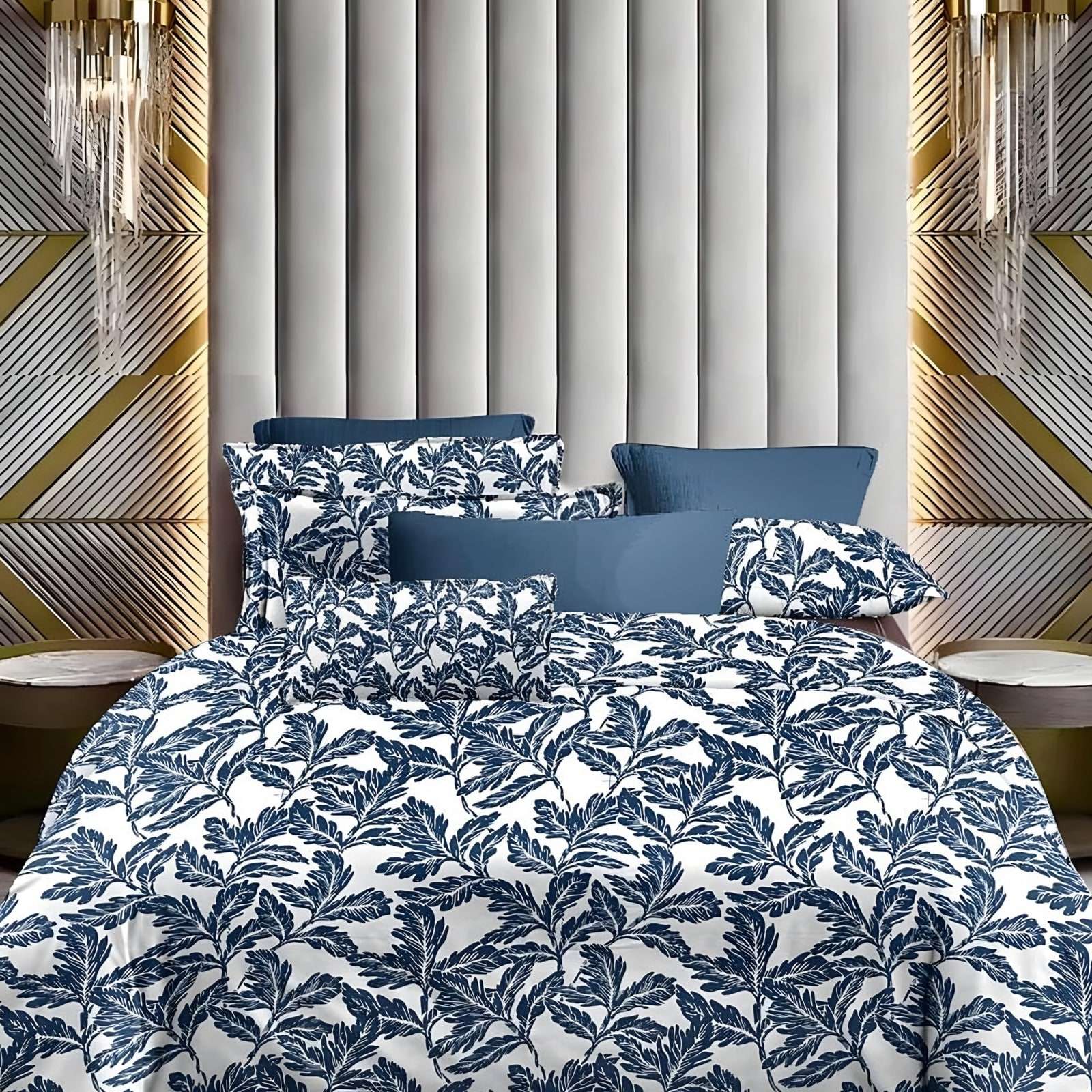 Lotus Indigo Leaf Glace Cotton Bedsheet Set in Indigo (LT-15) on a made bed