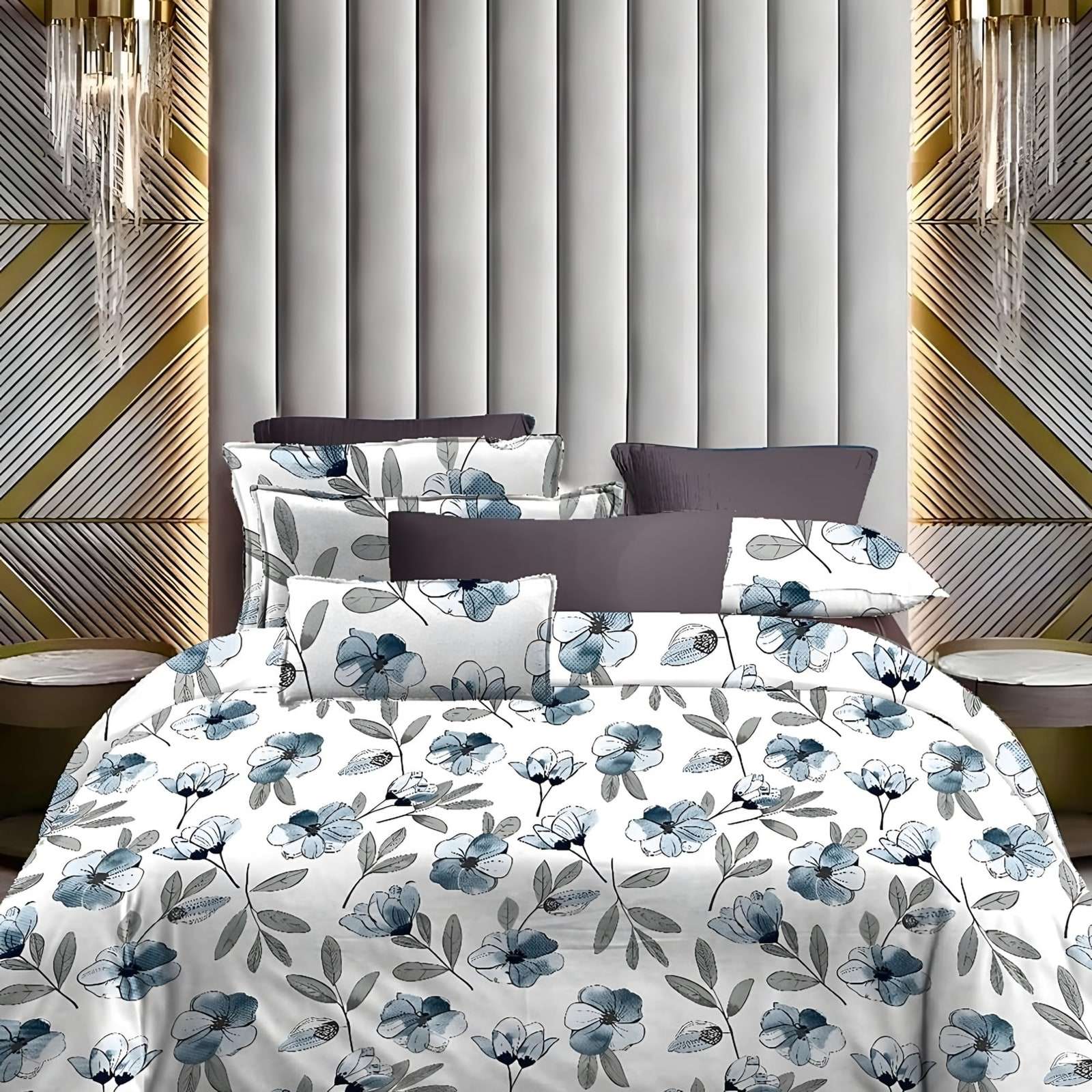 Lotus Blue Poppy Glace Cotton Bedsheet Set in Blue (LT-18) on a made bed