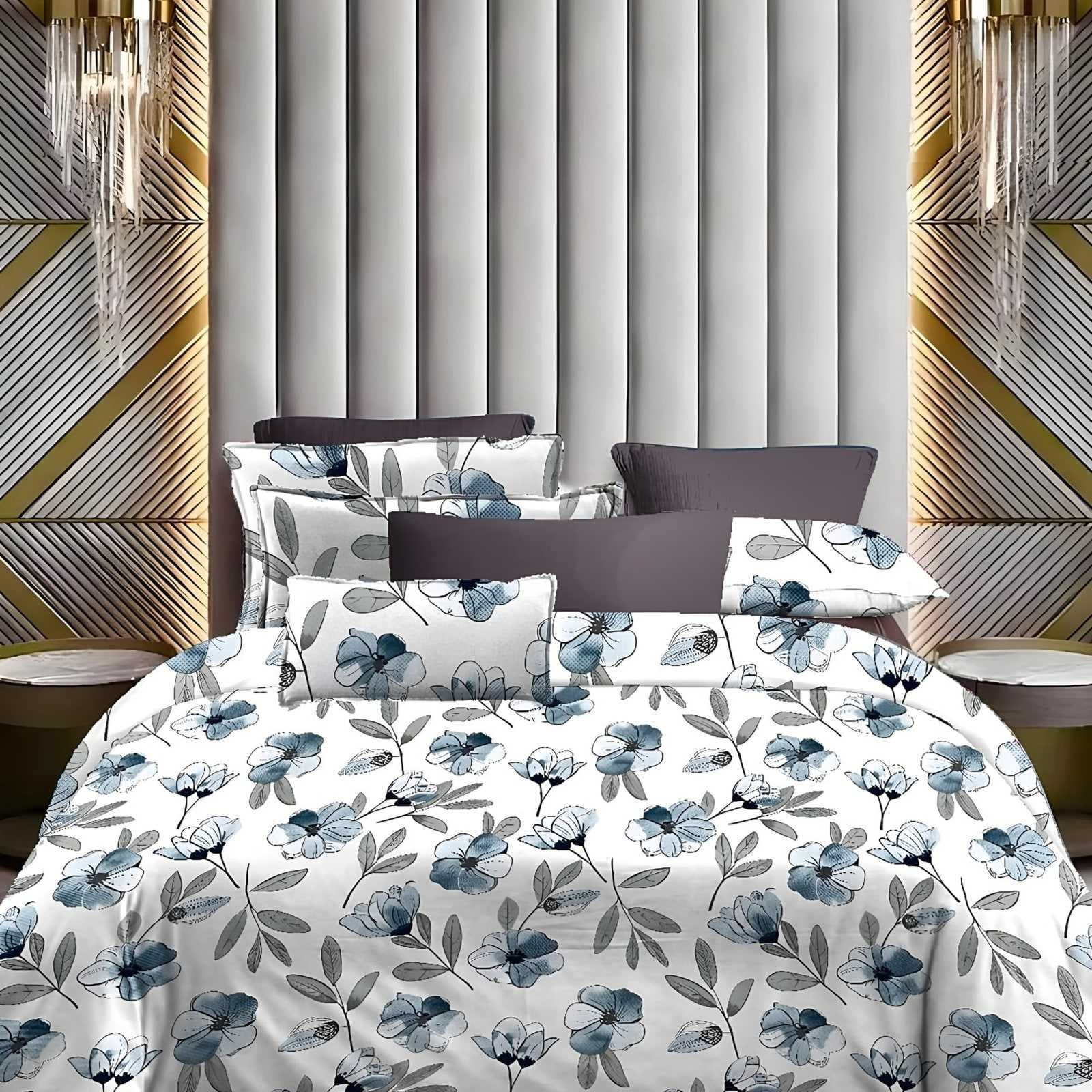 Lotus Blue Poppy Glace Cotton Bedsheet Set in Blue (LT-18) on a made bed