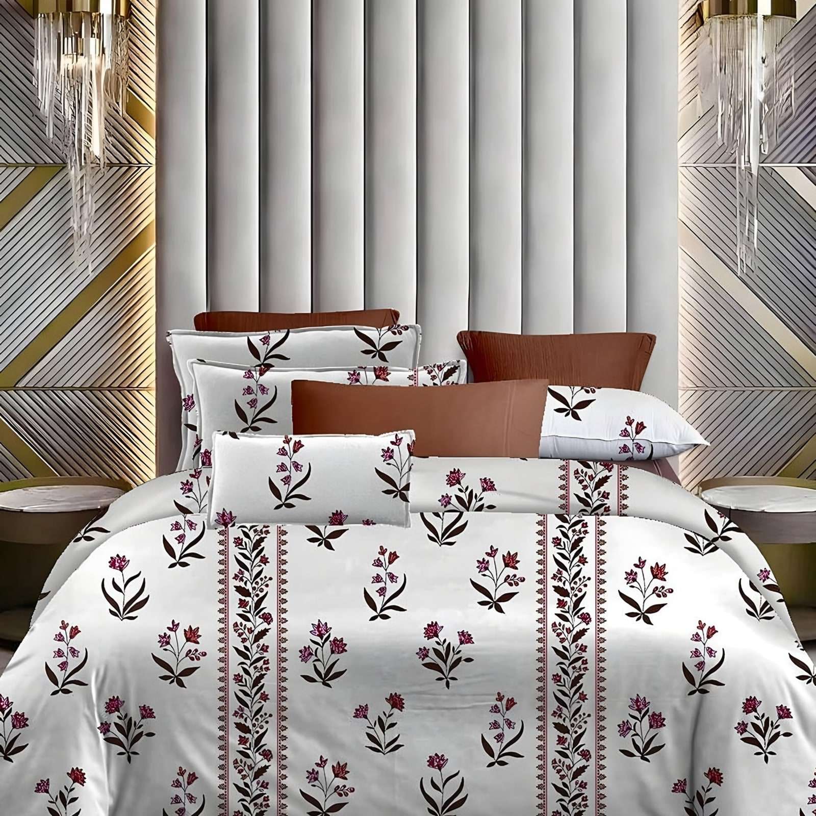 Lotus Buti Stripe Glace Cotton Bedsheet Set in Maroon (LT-19) on a made bed