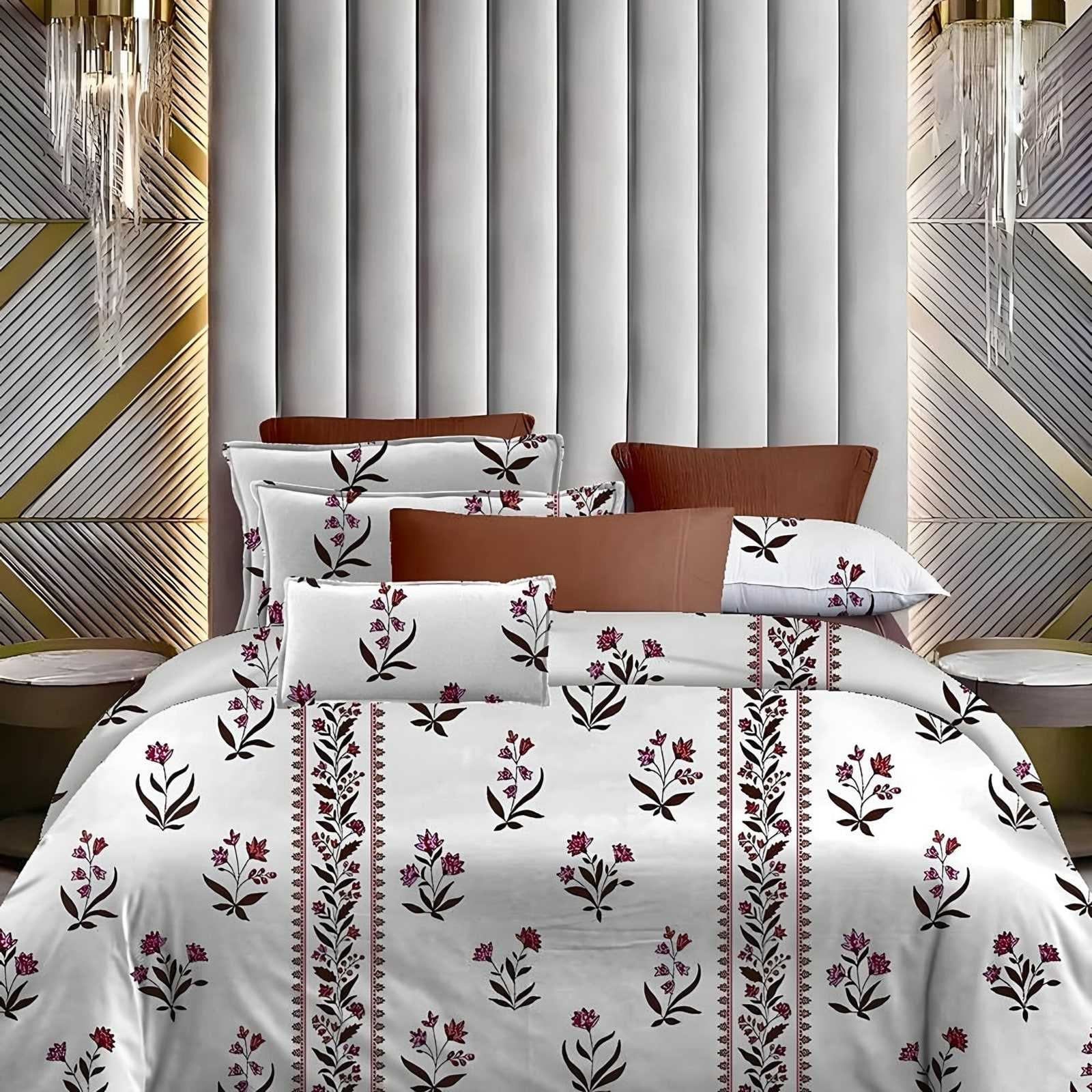 Lotus Buti Stripe Glace Cotton Bedsheet Set in Maroon (LT-19) on a made bed