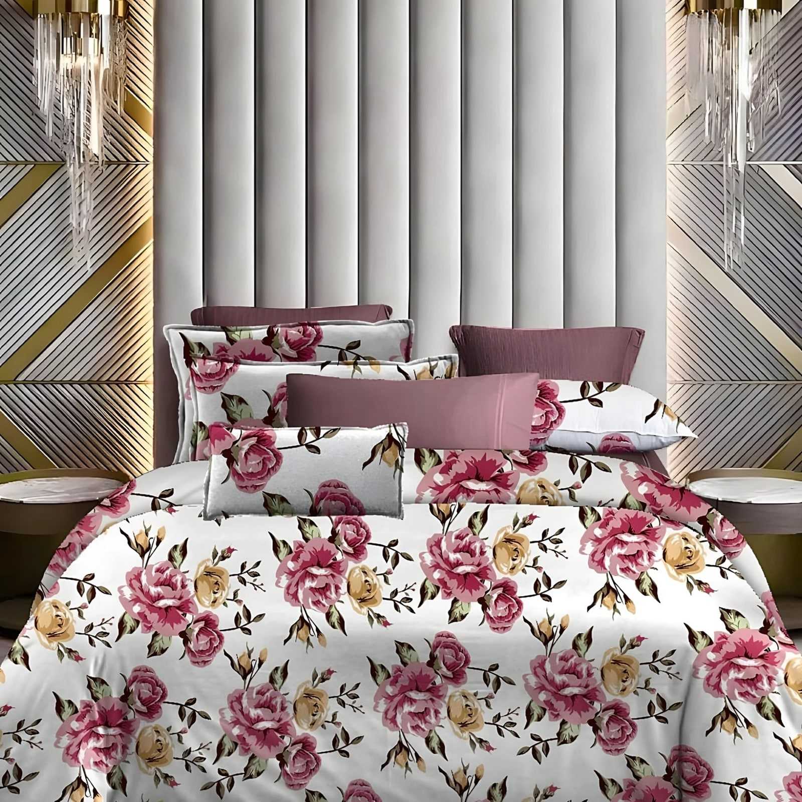 Lotus Rose Bouquet Glace Cotton Bedsheet Set in Pink & yellow (LT-20) on a made bed
