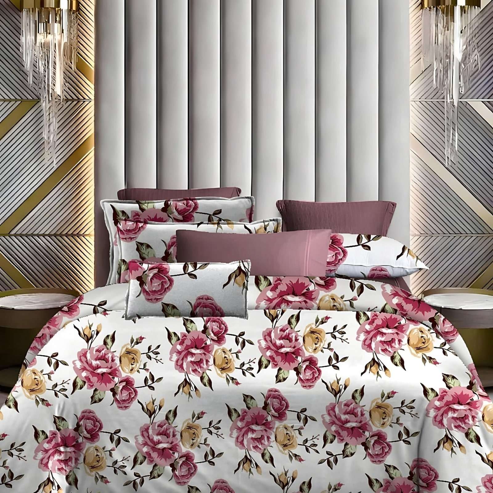 Lotus Rose Bouquet Glace Cotton Bedsheet Set in Pink & yellow (LT-20) on a made bed