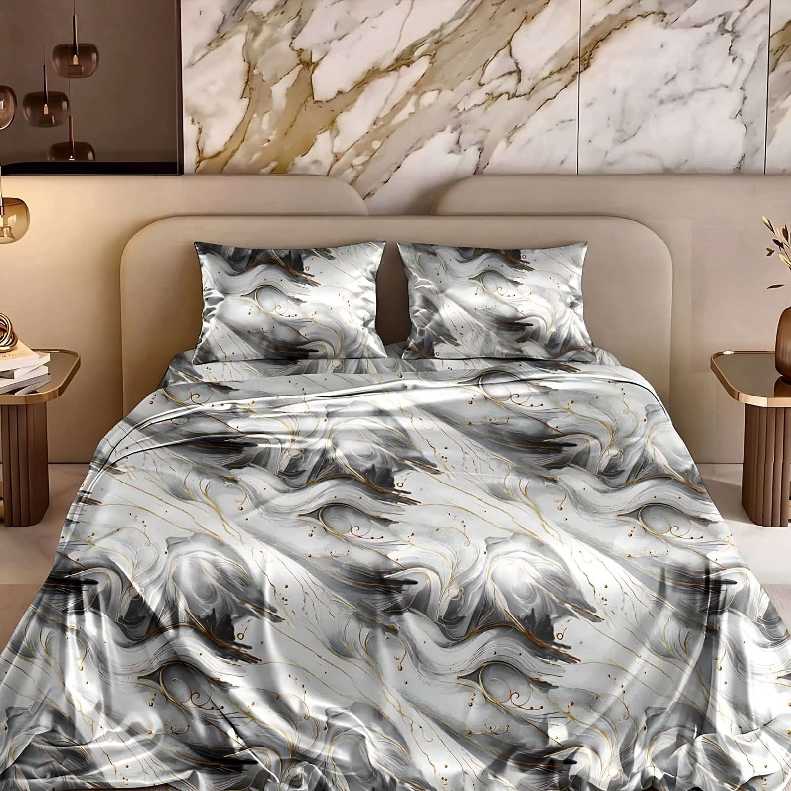 Marble Veining Glace Cotton Bedsheet Set in Grey (MB-01) on a made bed