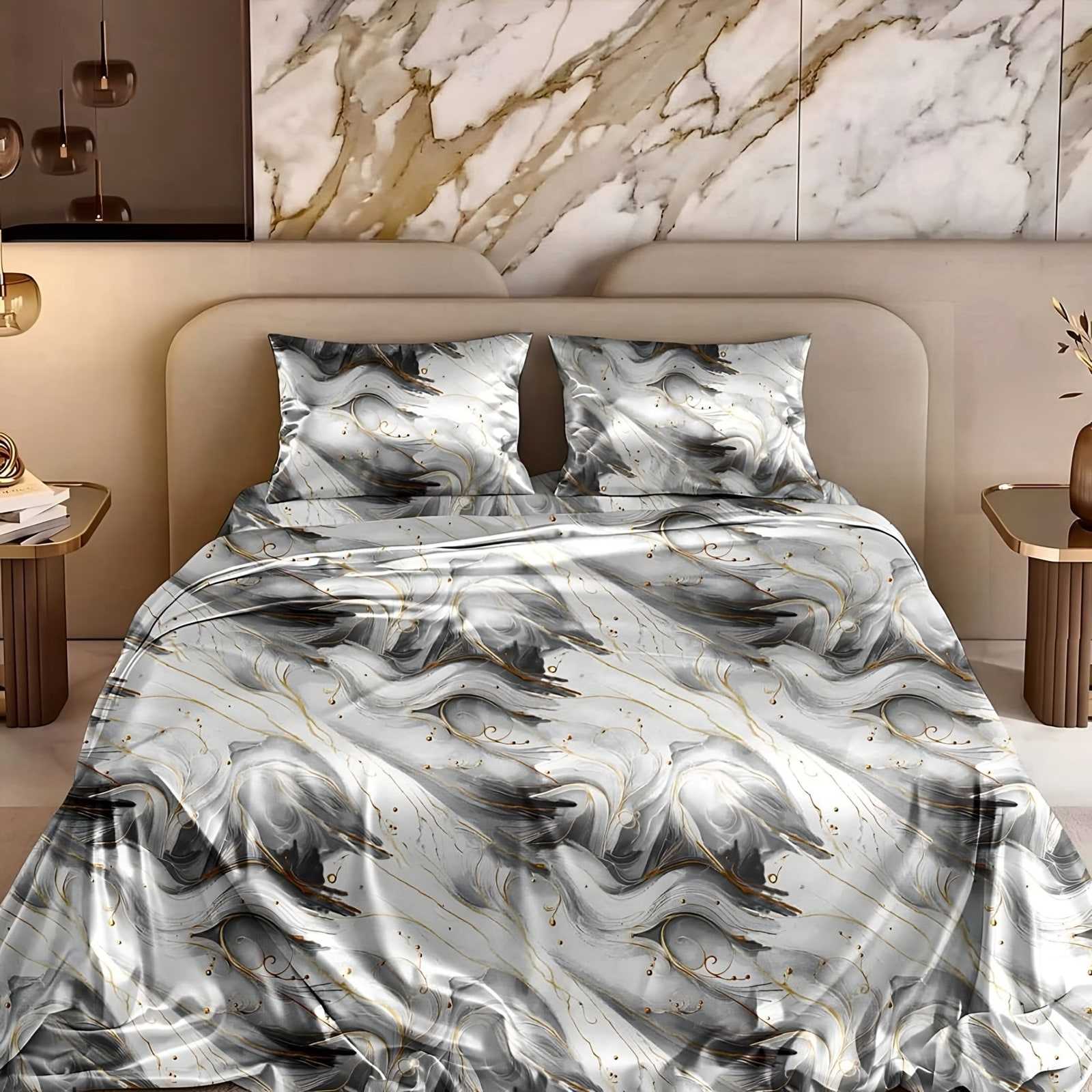 Marble Veining Glace Cotton Bedsheet Set in Grey (MB-01) on a made bed