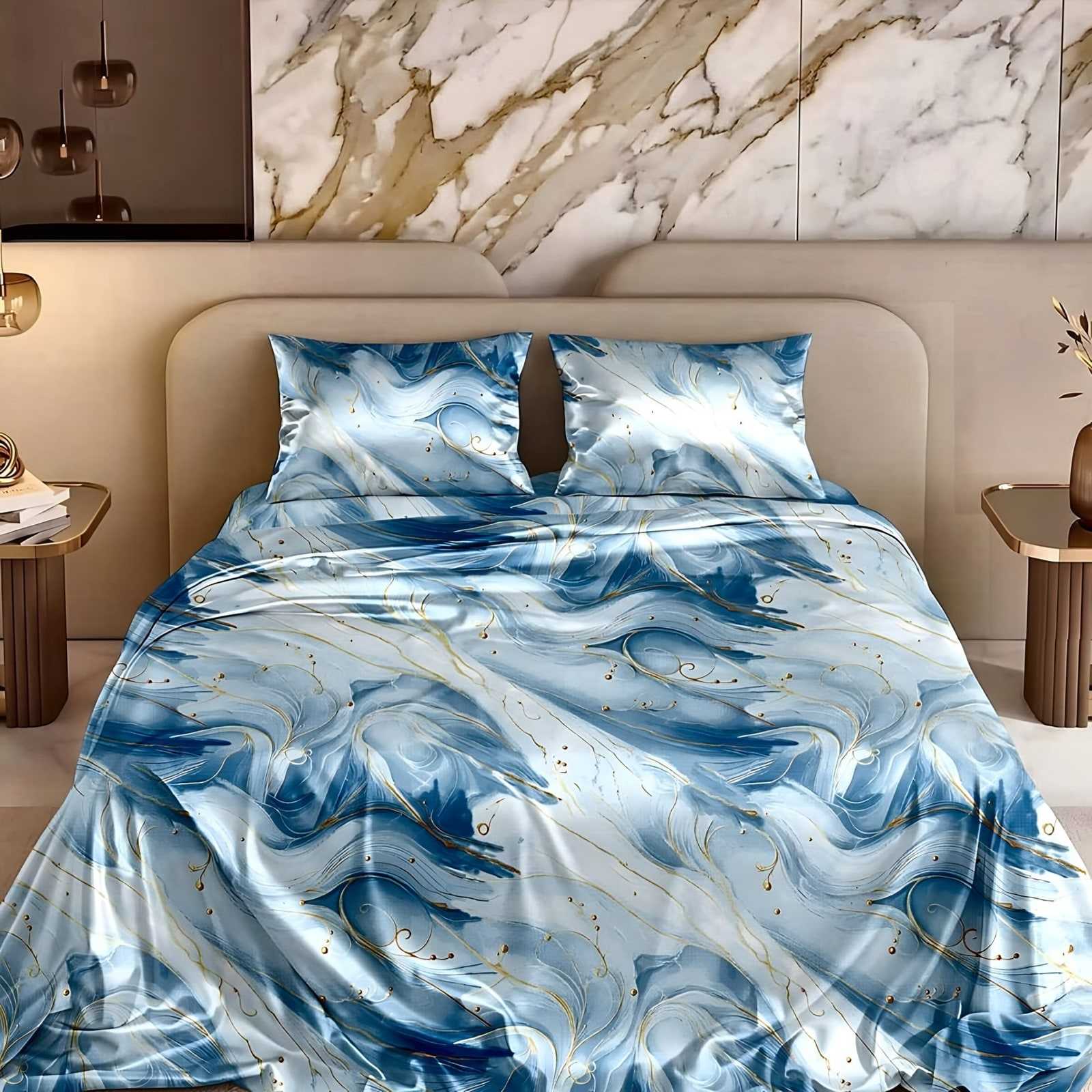 Marble Veining Glace Cotton Bedsheet Set in Blue (MB-02) on a made bed