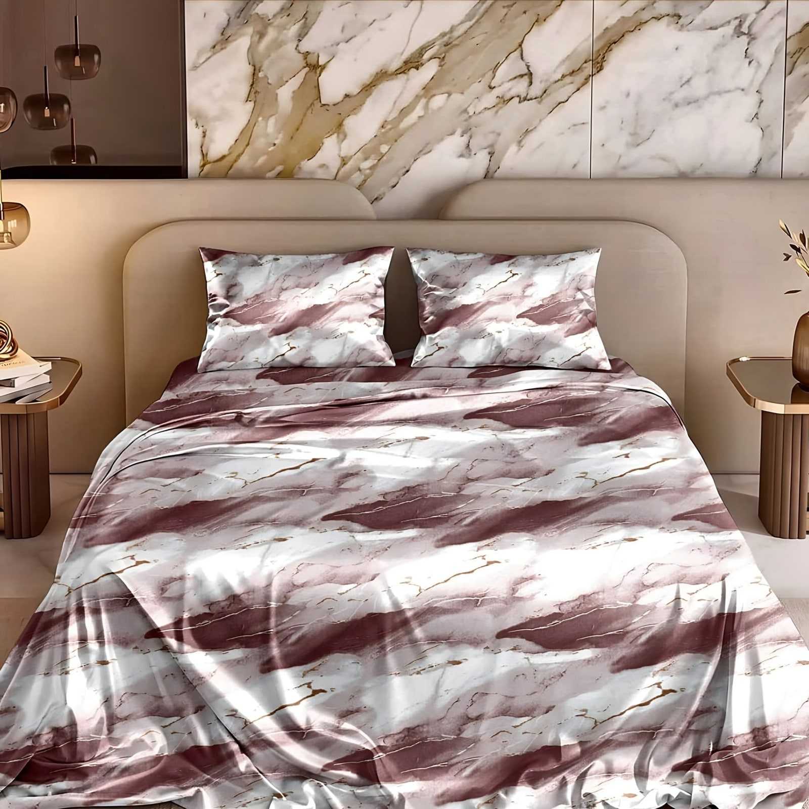 Marble Veining Glace Cotton Bedsheet Set in Wine (MB-03) on a made bed