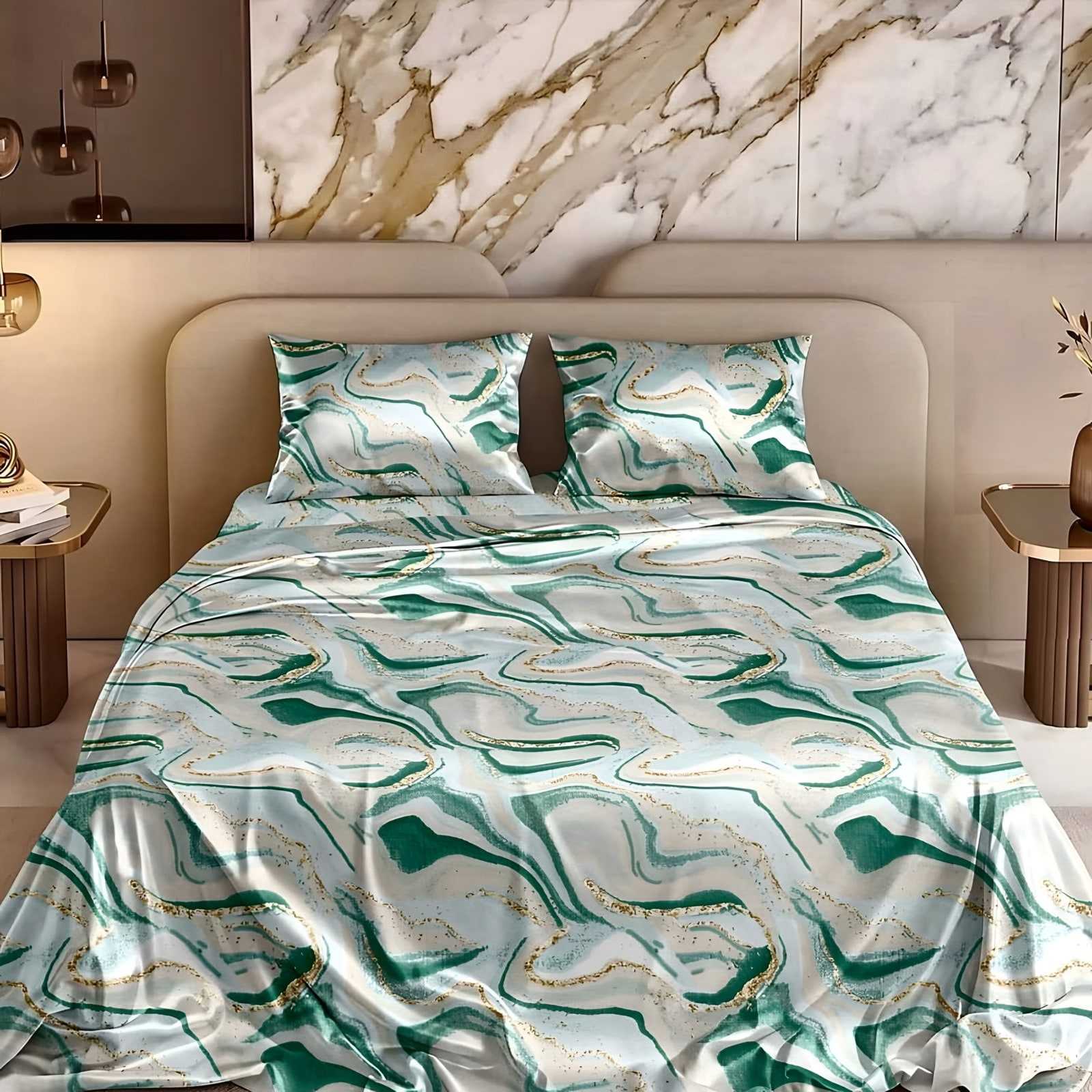 Marble Veining Glace Cotton Bedsheet Set in Emerald (MB-04) on a made bed