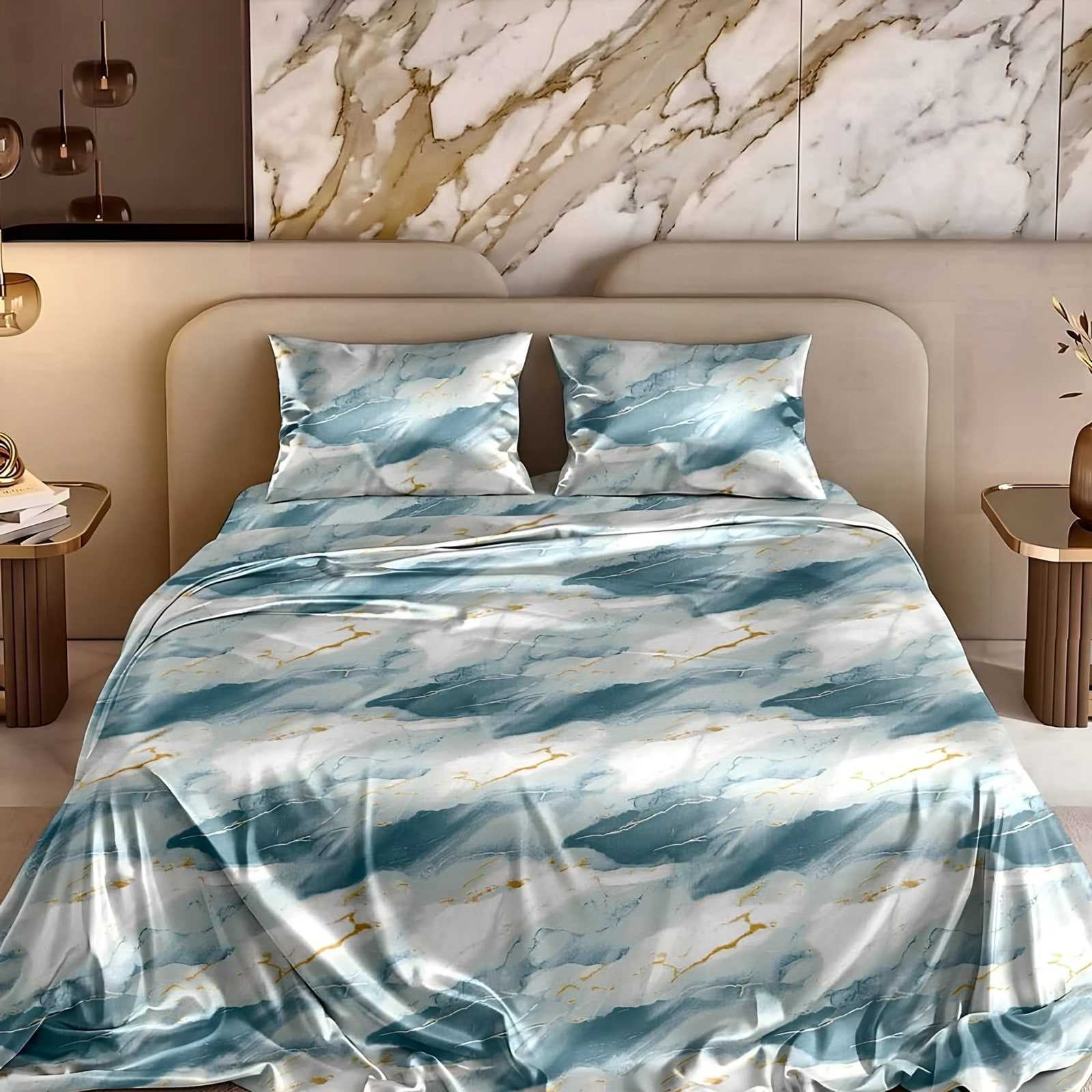 Marble Veining Glace Cotton Bedsheet Set in Aqua (MB-06) on a made bed
