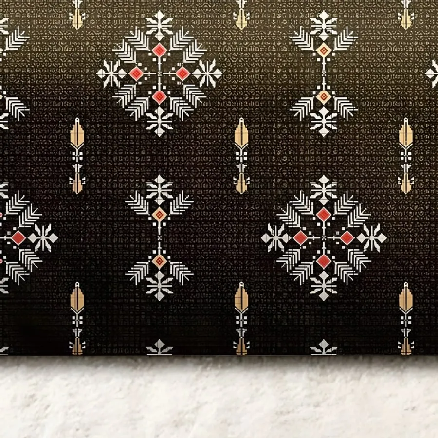 Close-up of the diamond motif print in Gold on olive (MH-01)