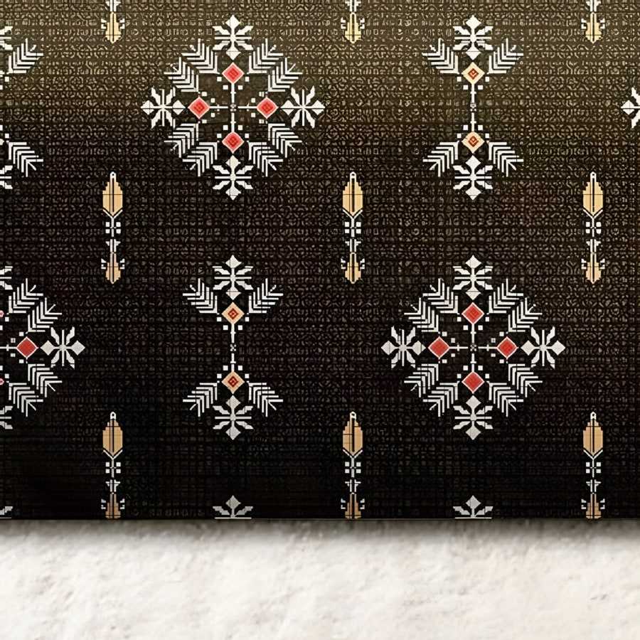 Close-up of the diamond motif print in Gold on olive (MH-01)