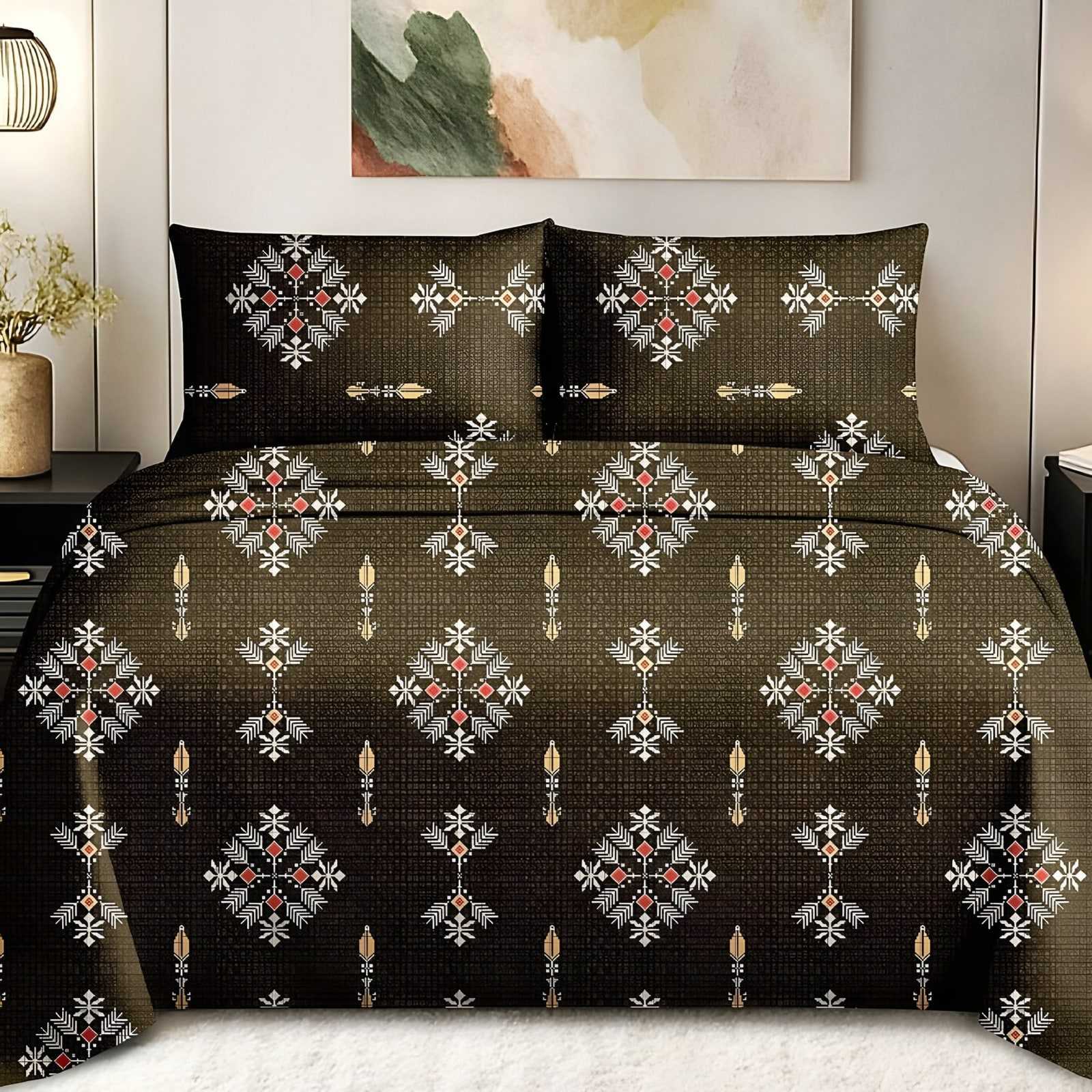 Maharaja Diamond Motif Bedsheet Set in Gold on olive (MH-01) on a made bed