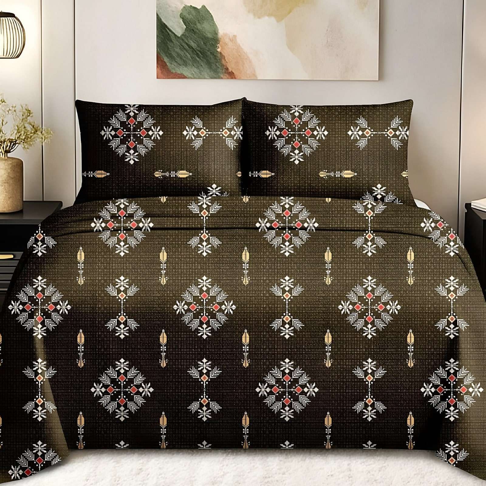 Maharaja Diamond Motif Bedsheet Set in Gold on olive (MH-01) on a made bed