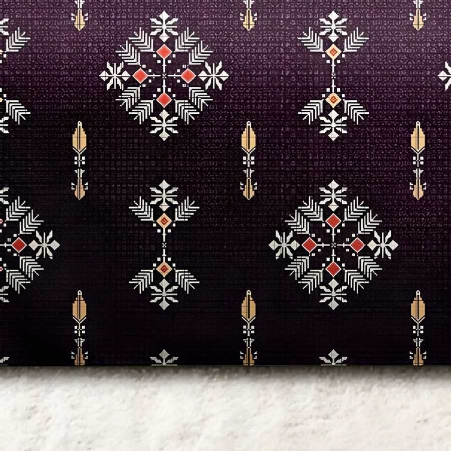 Close-up of the diamond motif print in Gold on purple (MH-02)