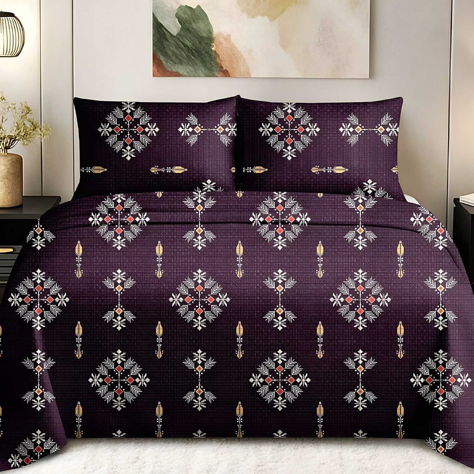Maharaja Diamond Motif Bedsheet Set in Gold on purple (MH-02) on a made bed